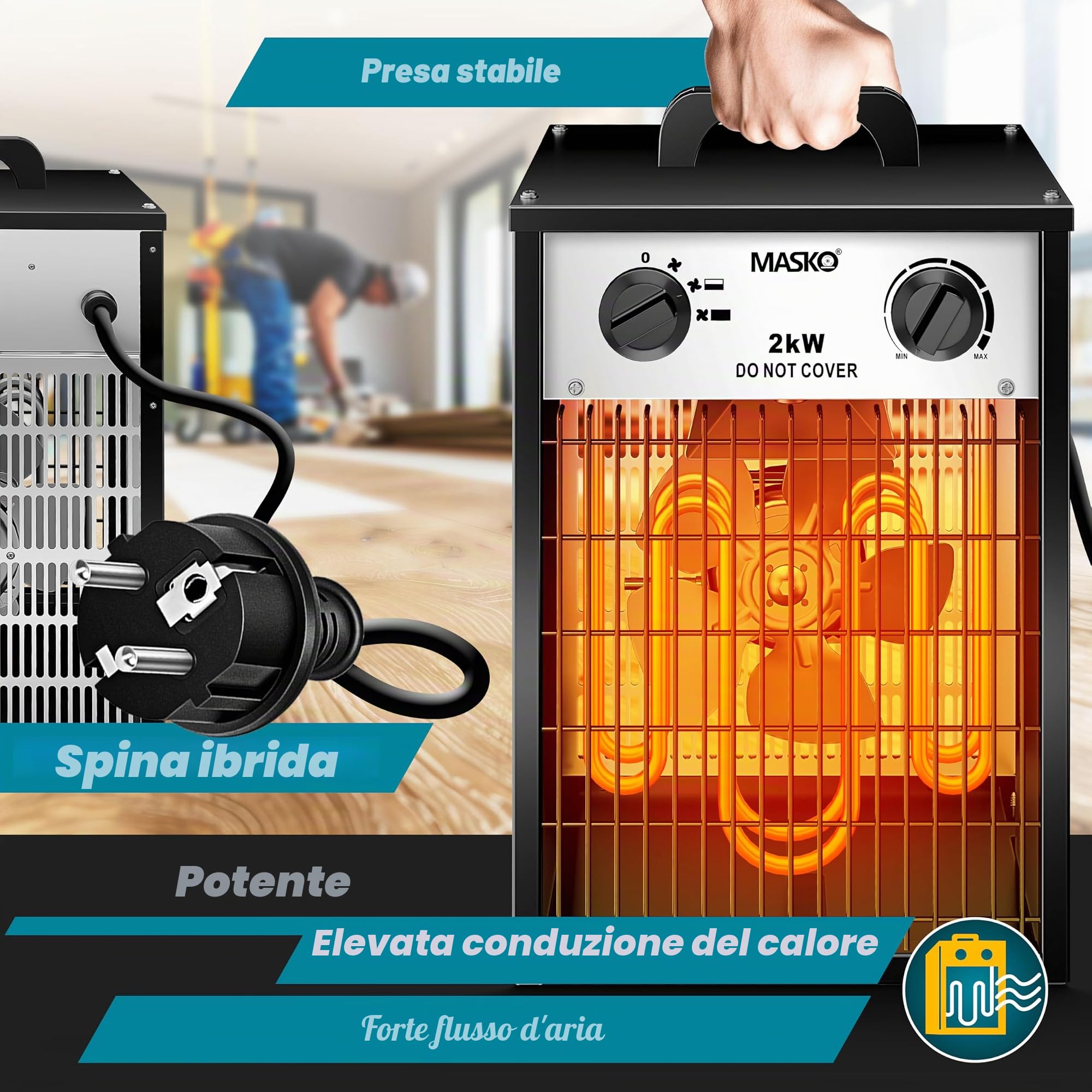 Masko® Riscaldatore elettrico 2 KW con termostato, 2000 Watt, 3 livelli riscaldamento, uso interno-esterno, protezione sovraccarico, ventilatore bianco