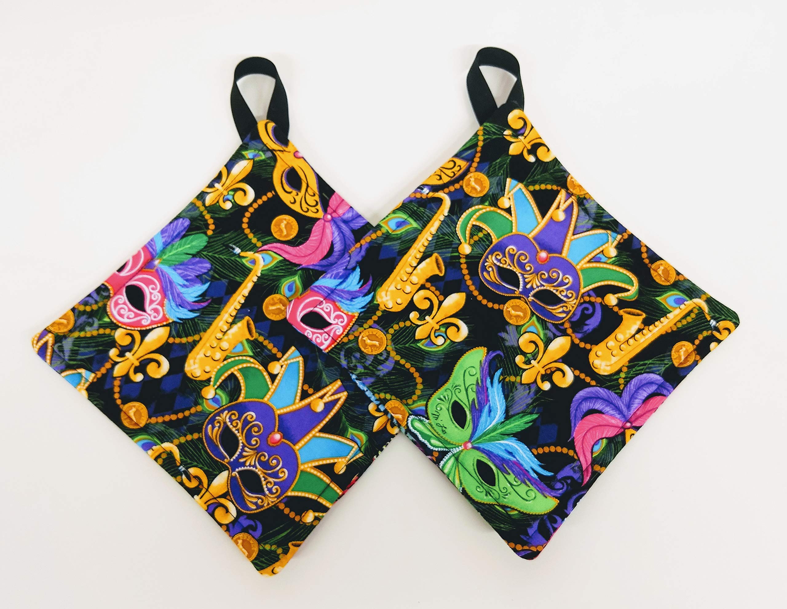 Pot holder Mardi Gras Pot holder Gift Set, Quilted Cotton Pot holder Kitchen Set in Mardi Gras and Firework Fabric Print