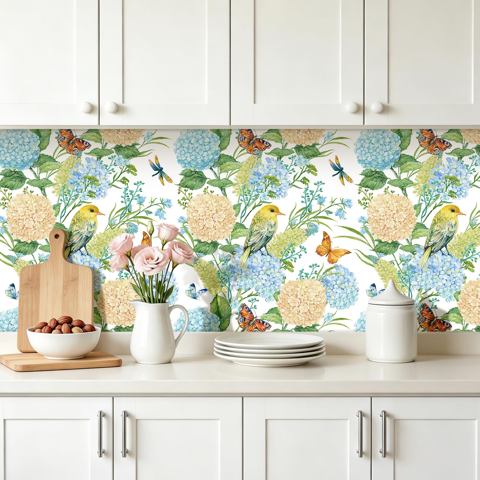 FunStick 44.5CM×9M Carta da Parati Adesiva Muro Floreale Bianca Pellicola Autoadesiva per Muro Bagno Rivestimento Decorativo Carta Adesiva per Mobili Bianca Floreale Uccelli e Libellule Acquerello