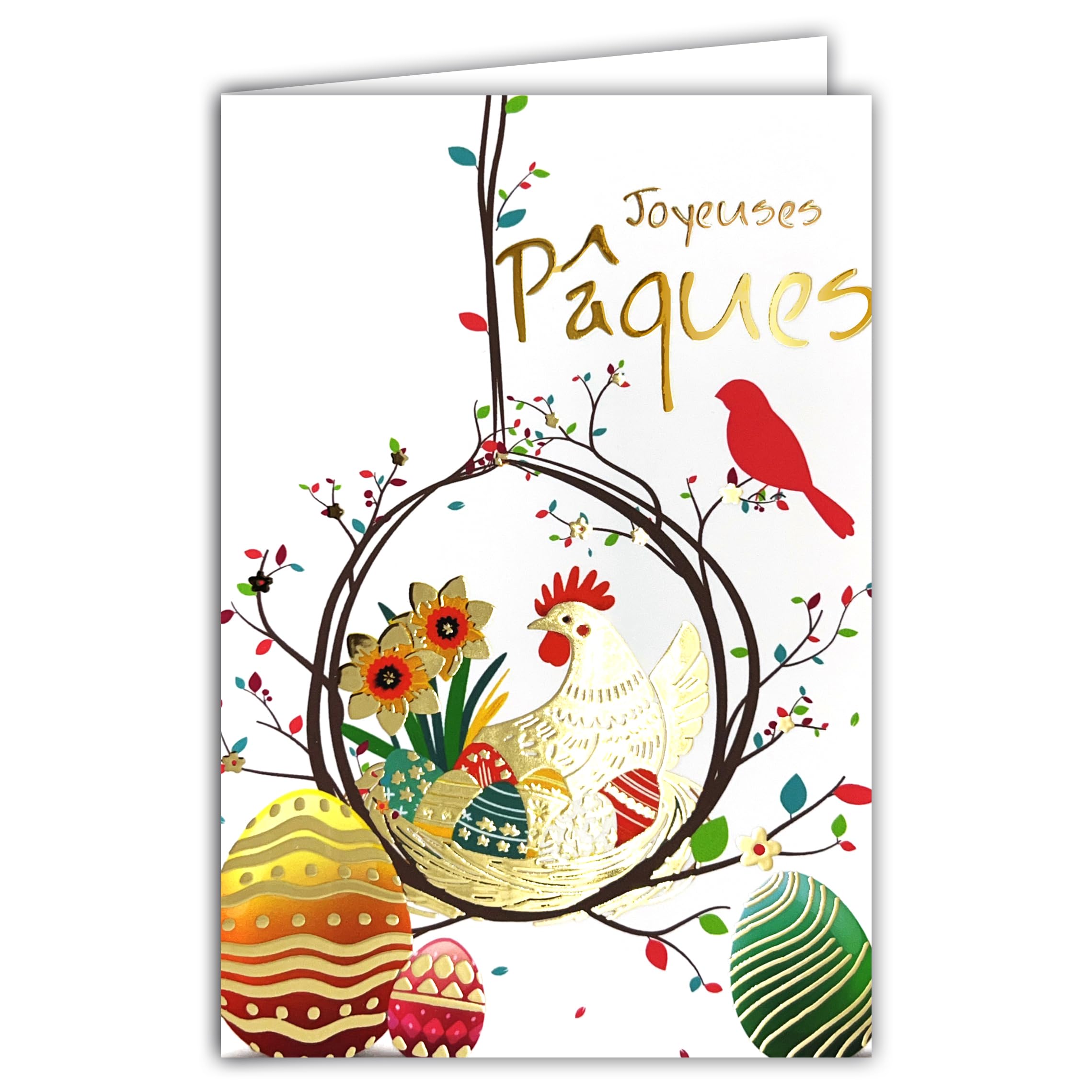 62-1027 Happy Easter Card in Shiny Gold with Envelope 12 x 17.5 cm Illustration Hen Incubator Painted Eggs Nest Daffodils Party Spring Creation Edition Print Made in France
