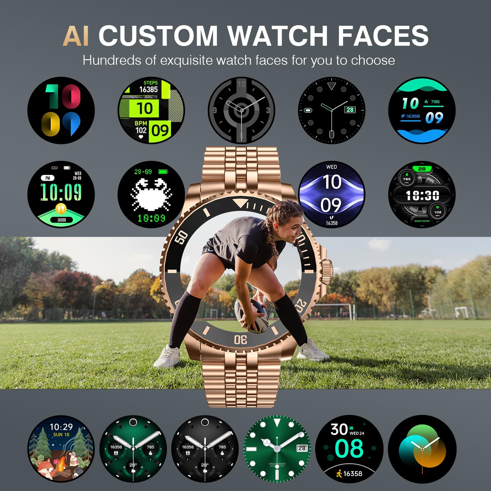 2025 AI Smartwatch Herren Rund, 1.19" Smart Watch mit Anrufe tätigen/Empfangen, 107 Sportmodi Fitnessuhr mit Herzfrequenz/Schrittzähler/Schlafmonitor, Wasserdicht Sportuhr für Android iOS, Gold