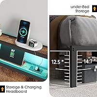 Vista 7 de Base de cama tamaño completo con cabecero, estructura de cama de plataforma metálica con luces LED y estación de carga, almacenamiento debajo