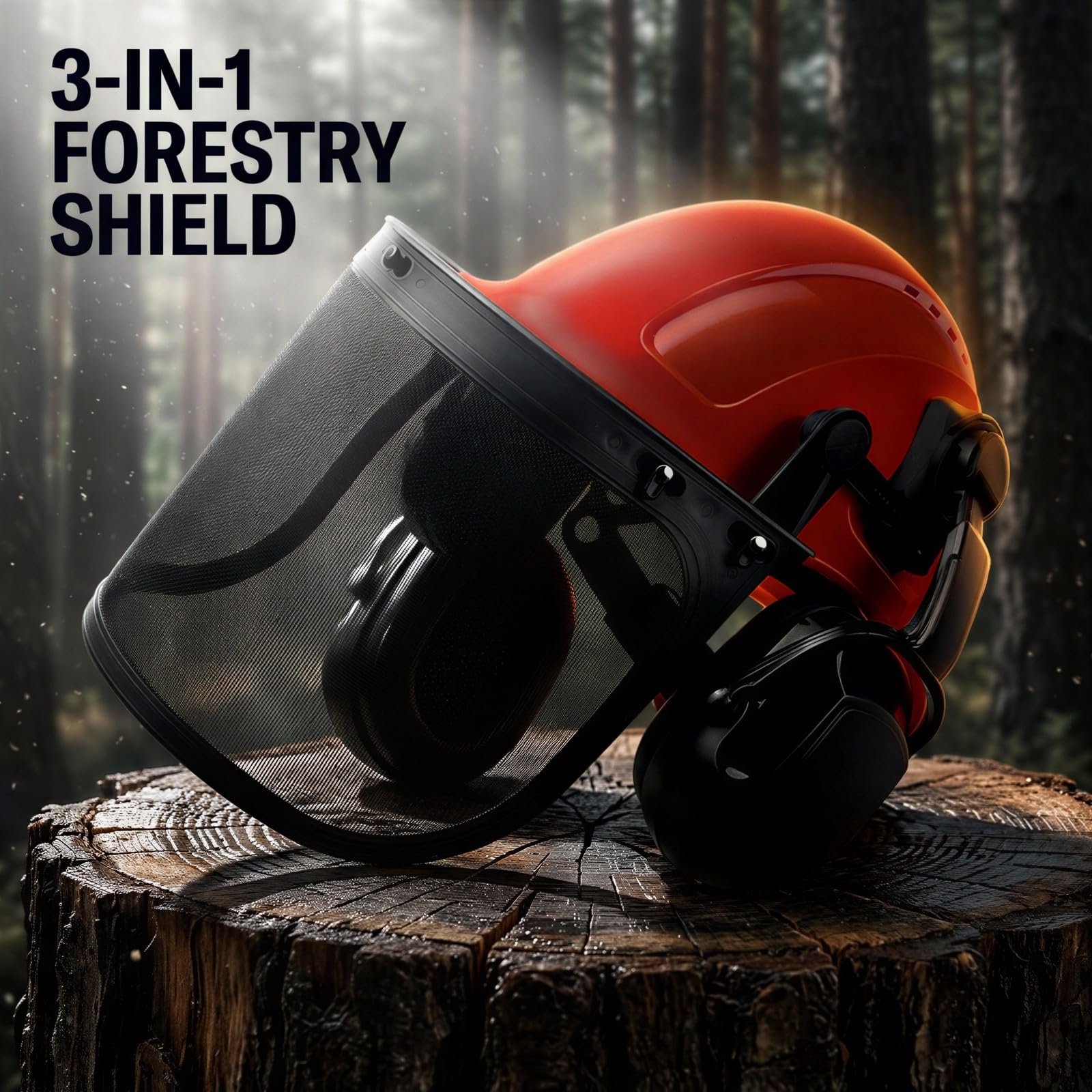 Kettensägenhelm mit Gesichtsschutz und Ohrenschützern, Industrie-Sicherheitshelm für Forst- und Holzarbeiten, verstellbar 20,8-24,8 Zoll, Schutzhelm mit Netzvisier und SNR 30 dB Gehörschutz