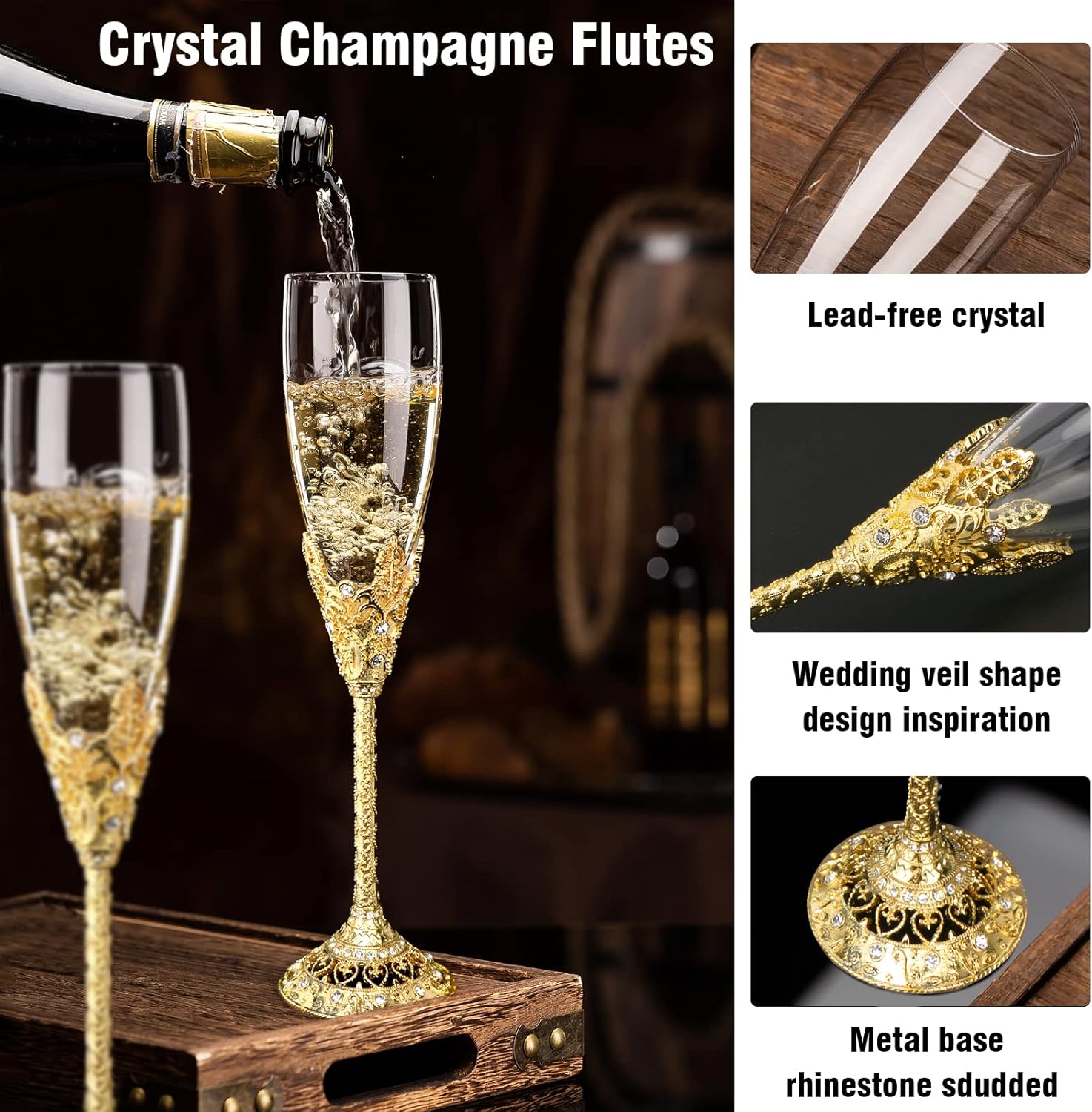 Champagne Flutes-Set of 2 Champagne glasses, Crystal Glasses&Metal Base, Toasting Flute Pair, Wedding Anniversary, Party,Birthday,Banquets,Gifts for Bride and Groom 6 oz-Gold - Image 5