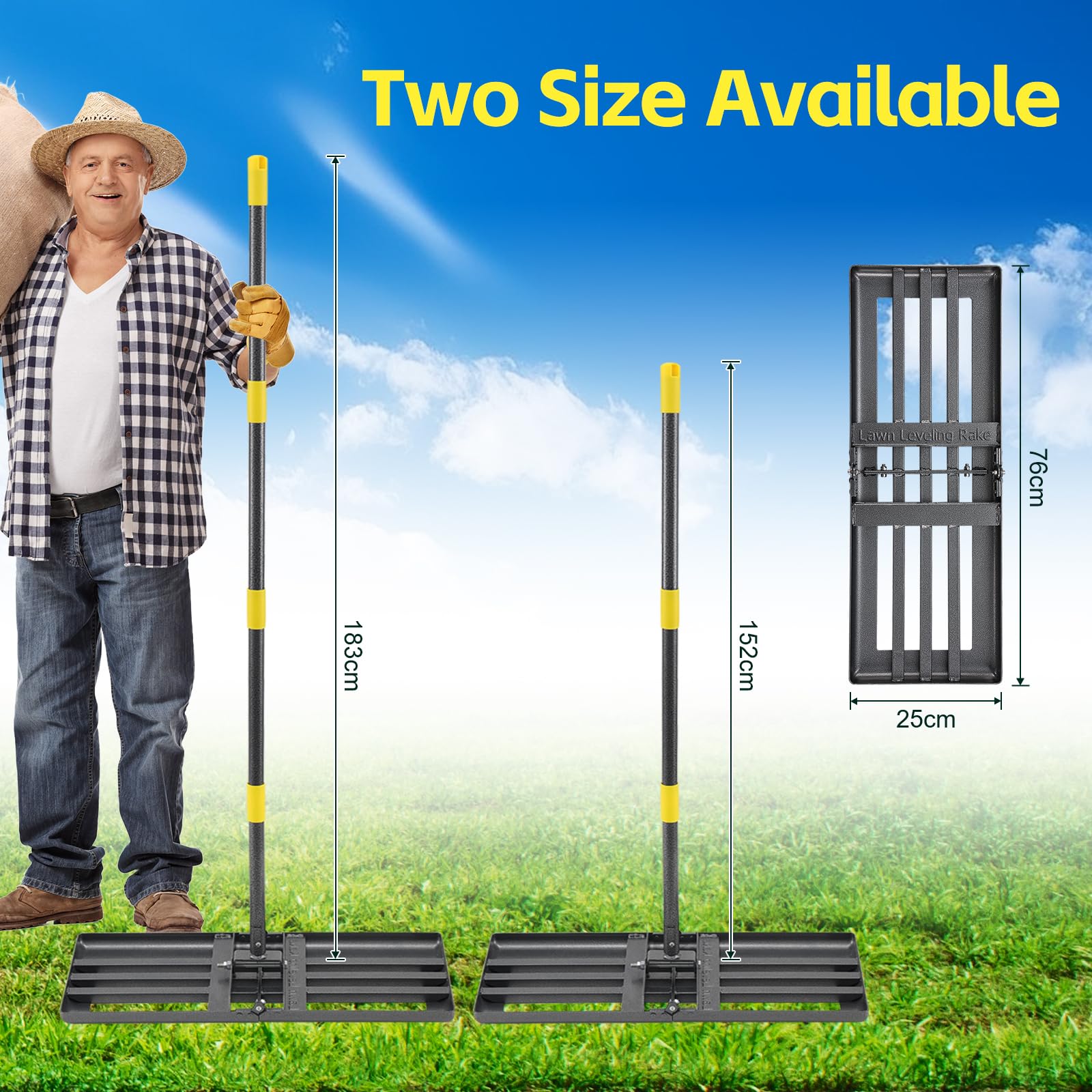 Rastrillo de césped grande de 183 cm, rastrillo de nivelación de césped de metal resistente con cabeza de 76 cm, rastrillo de jardín para nivelar el suelo, esparcir compost, eliminar escombros