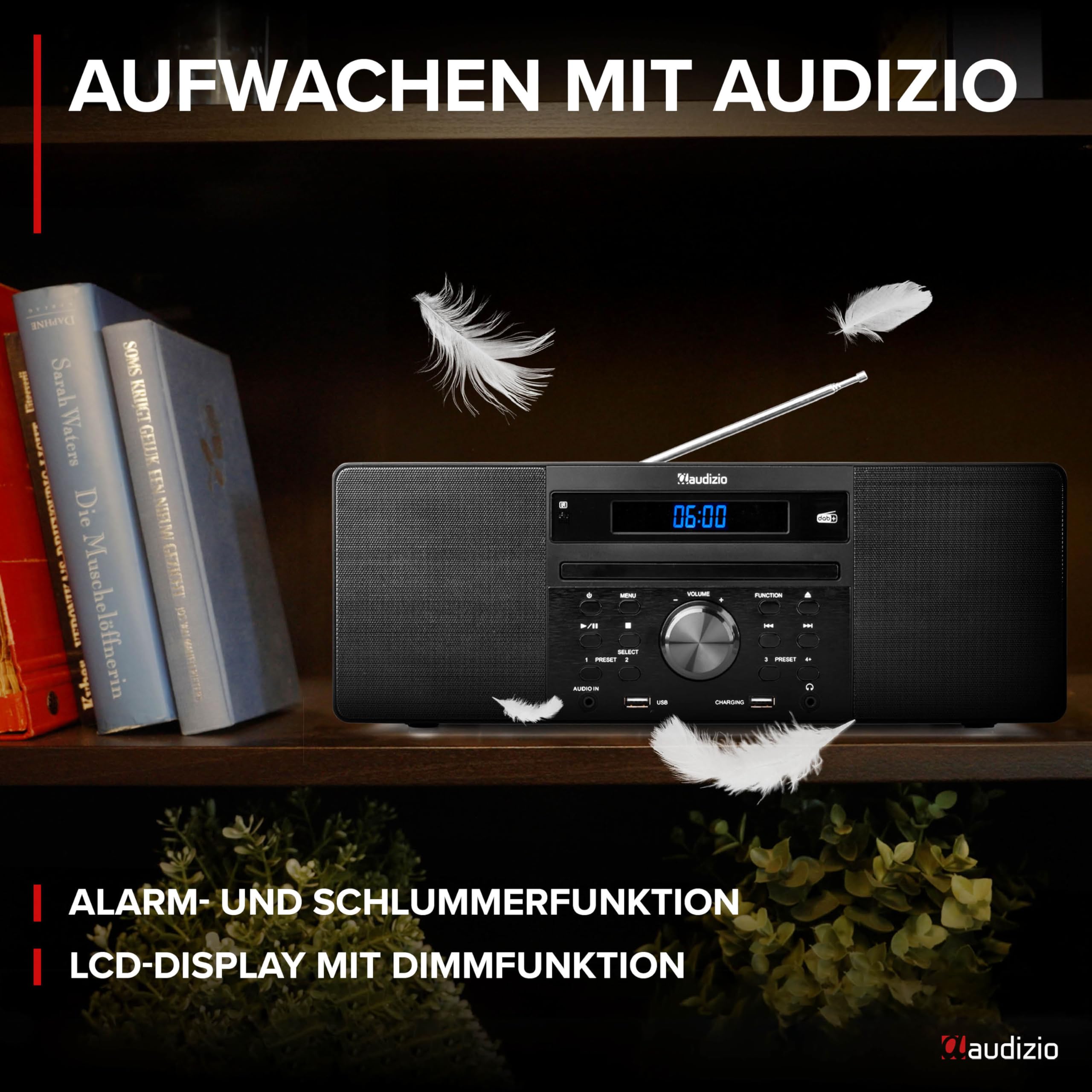 Audizio Prato - DAB Radio mit CD Player, MP3-Player, Bluetooth Radio, USB, DAB+, FM-UKW, Fernbedienung, Sleeptimer, Kompaktanlage mit Weckfunktion, Braun
