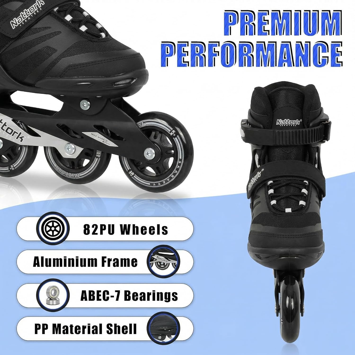 Nattork Adult Inline Skates for Men Women, Fitness Blades Roller with Aluminum Frame, PU Wheels and Breathable Mesh