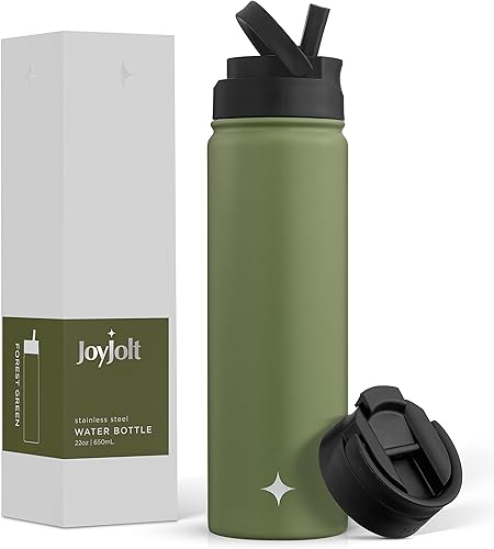 JoyJolt Botella de agua con triple aislamiento con tapa de popote y tapa abatible. Botella de agua de 22 onzas, botella de agua de acero inoxidable