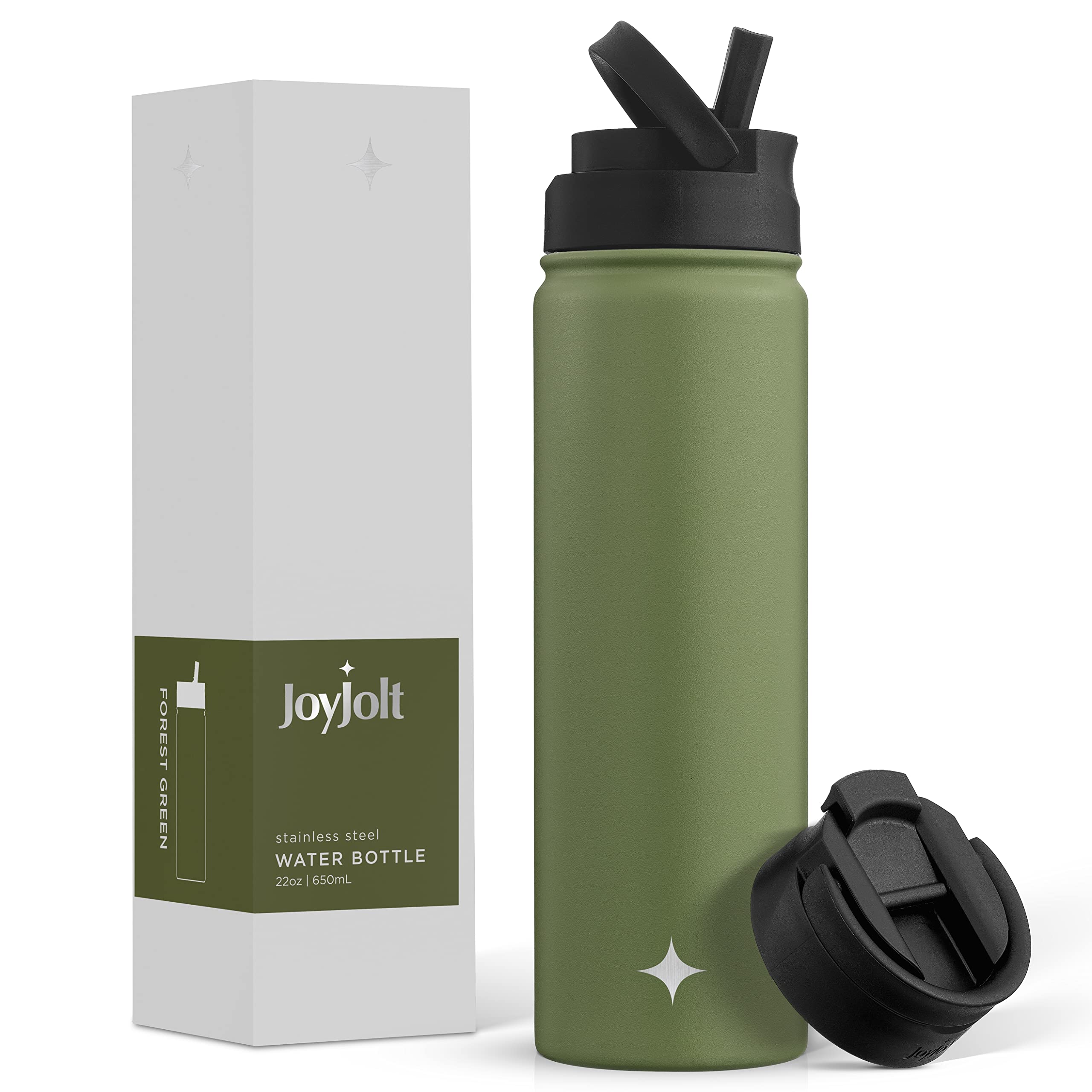 JoyJolt Triple Insulated Water Bottle with Straw Lid AND Flip Lid! 22oz Water Bottle, 12 Hour Hot/Cold Vacuum Insulated Stainless Steel Water Bottle.