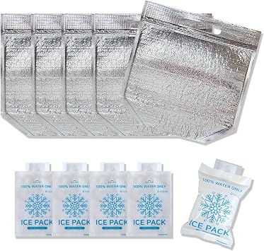 Insulated Lunch Bag with Zip Lock & Handle, Reusable Cool & Thermal Bags, Cooler Pouch, Hot & Cold, Ideal for Sandwich, Snack, Drink, Grocery, Camping Large_5 bags 13.4 x 11.8 inches + 5 Ice packs
