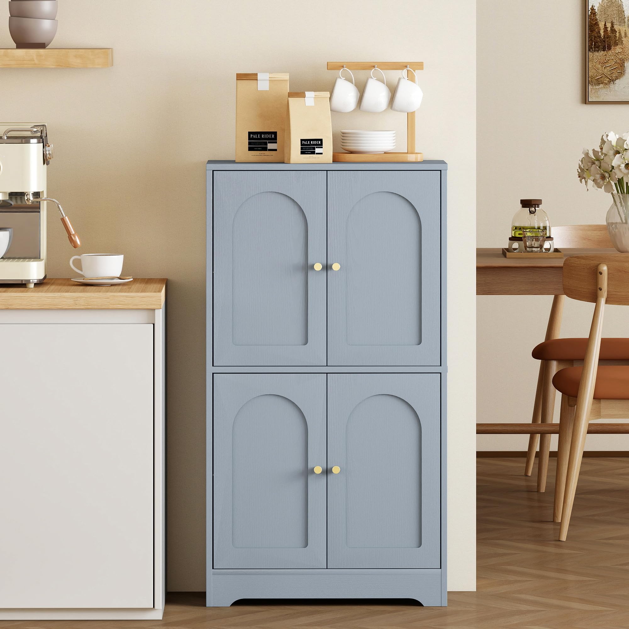 HOMCOM Armoire de cuisine de 110 cm, placard de rangement de cuisine indépendant avec 4 portes cintrées et 2 étagères réglables, placard de garde-manger moderne pour salle à manger, gris