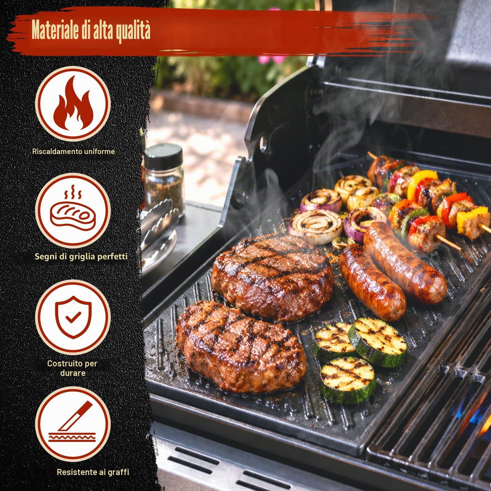 Denmay Piastra in ghisa 42 x 24 cm, antiaderente reversibile griglia per barbecue a gas, piastra in ghisa per fornelli a gas, forno, barbecue all'aperto o falò, 1 pezzo