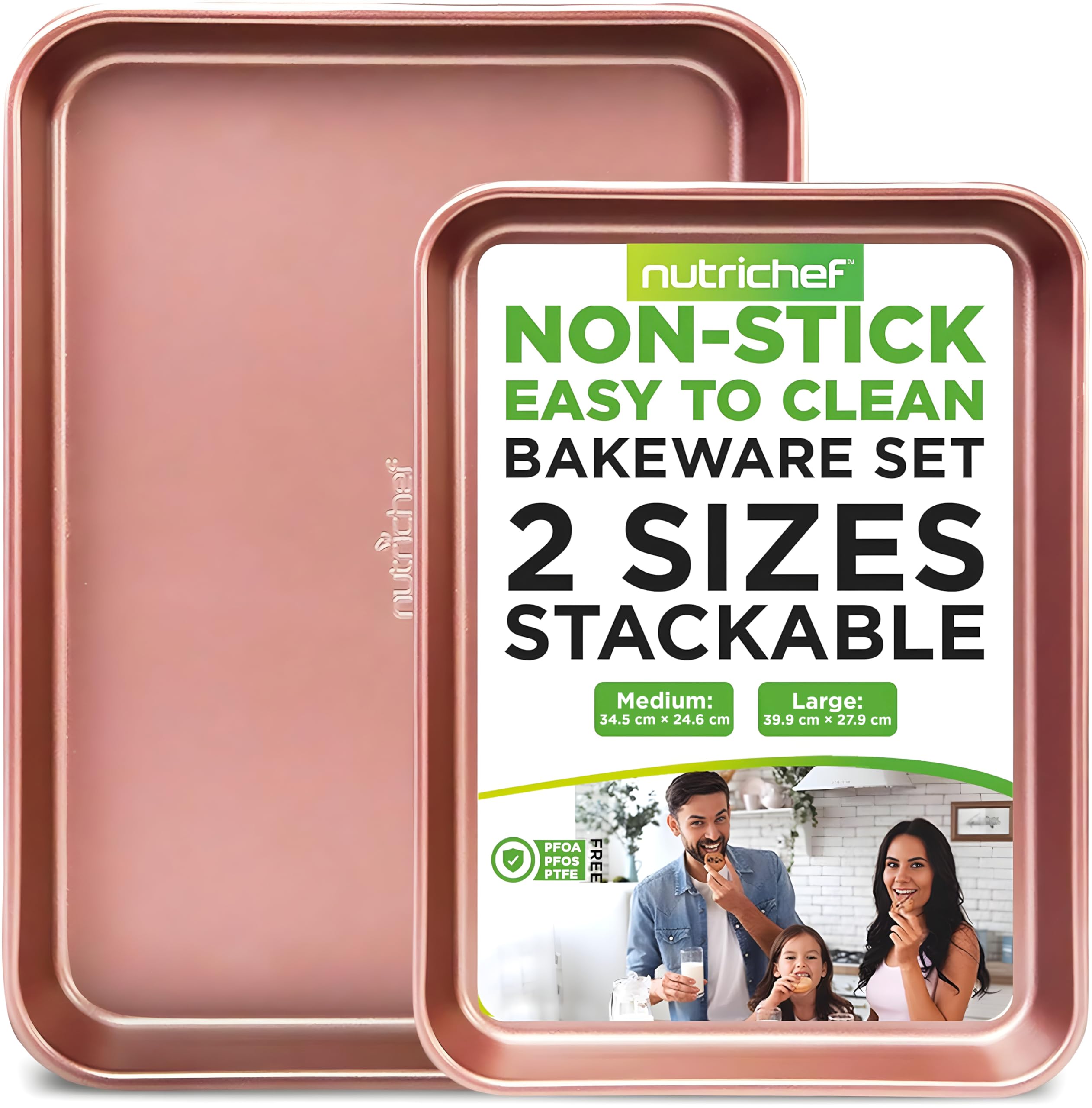 Nutrichef Non-Stick Cookie Tray Set- 2-Piece, Easy Clean, Stackable Cookie Sheets, Dishwasher Safe, Oven Safe, PFOA Free