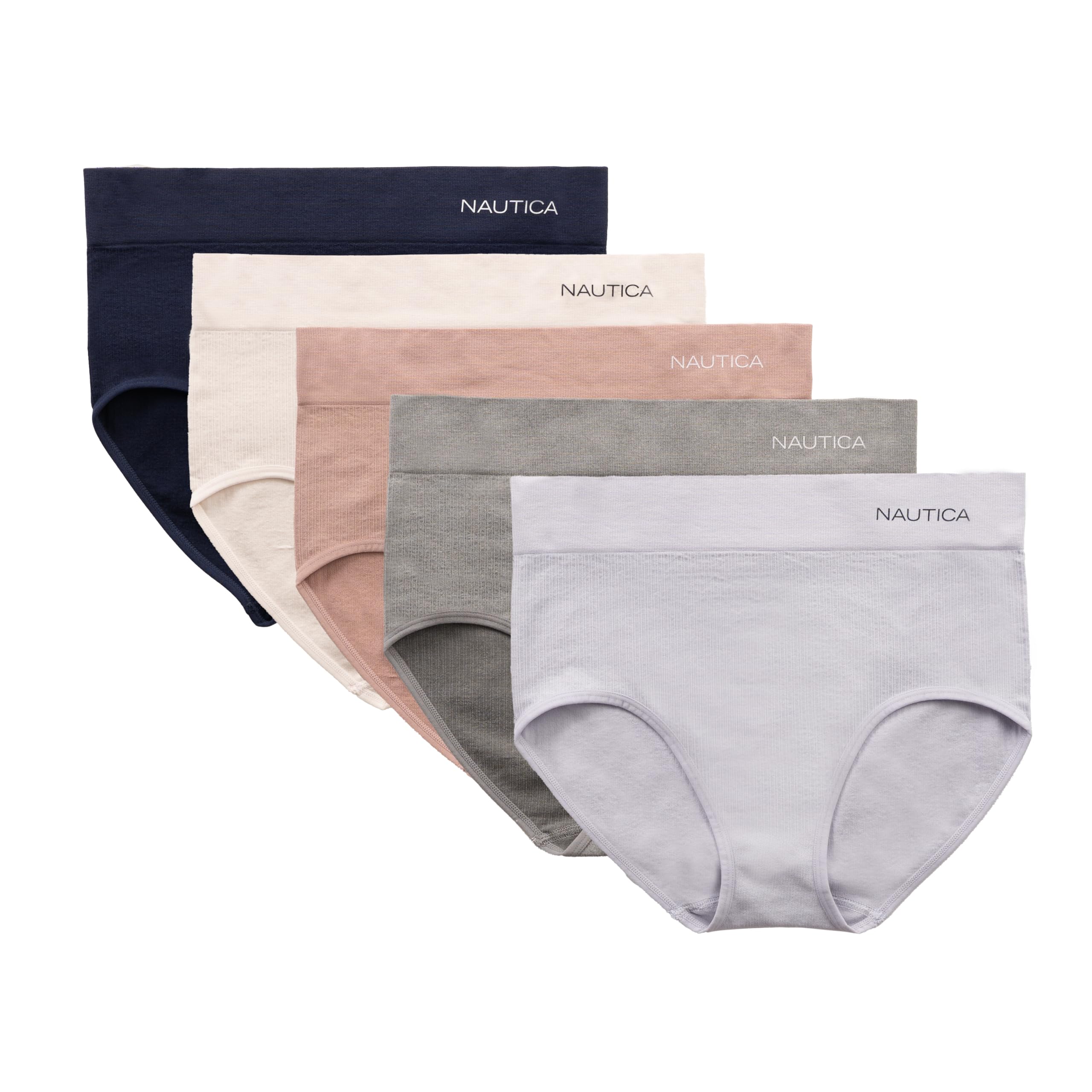 Nautica Women's Seamless Ribbed Knit Brief Underwear Set, 5-Pack Small Cloudy Waters/Fawn/Pearl Mist/Md Heather Grey/Navy Beats