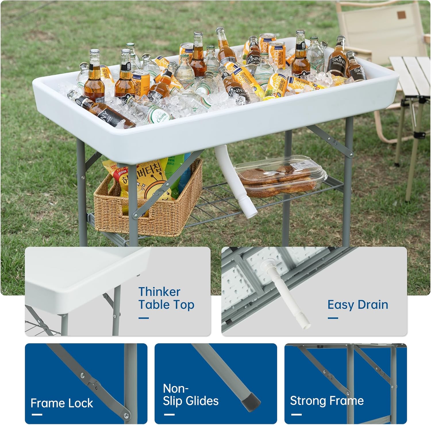 Outdoor Ice Cooler Folding Table, Portable Cooler Table with Removable Matching Skirt, Chill Table for Party BBQ Camping Wedding White