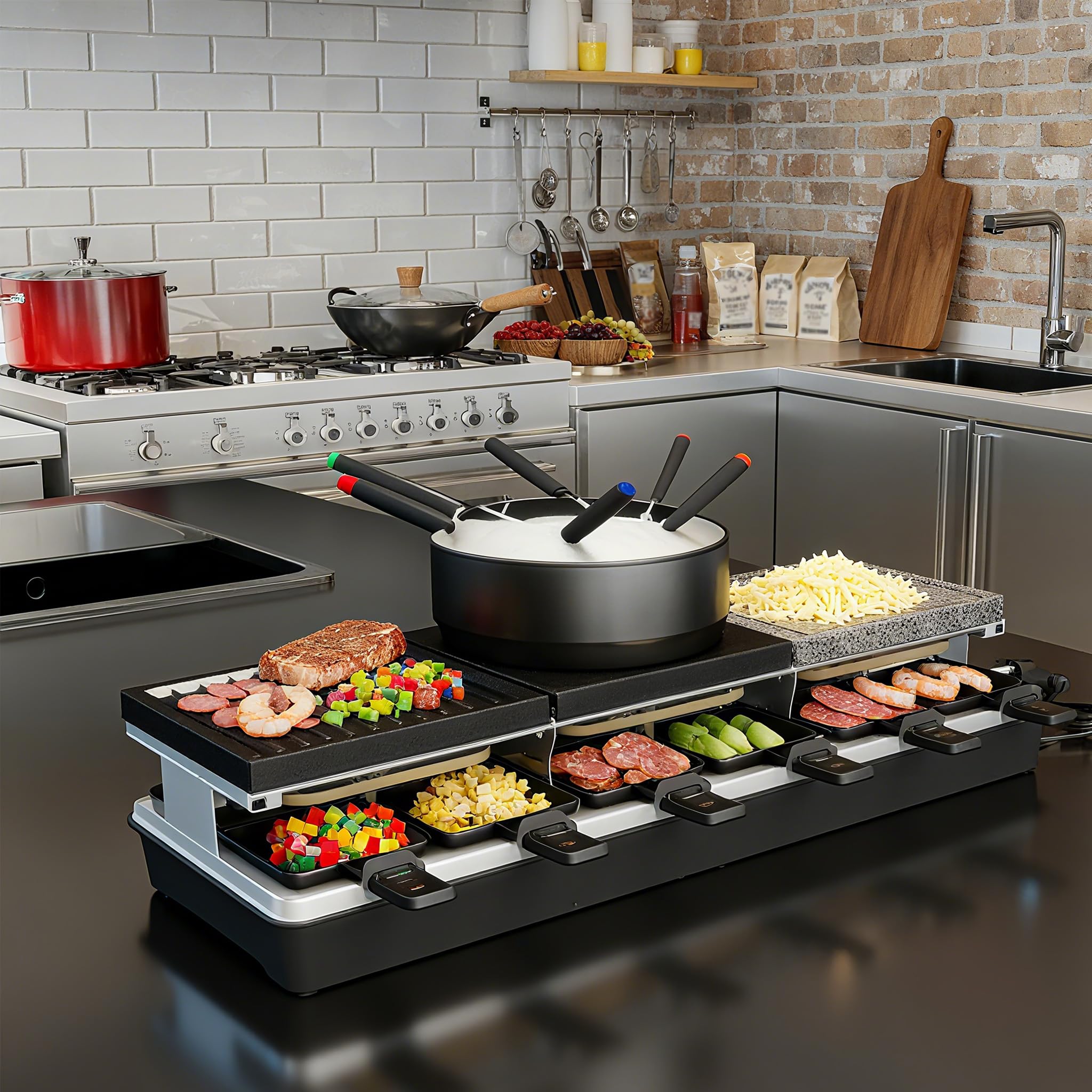 LARS360 Raclette Fondue kombi dla 12 osób, elektryczny grill stołowy, zestaw do fondue z naturalnym kamieniem do grillowania, nieprzywierająca płyta grillowa i Hot Pot, fondue elektryczny, w zestawie