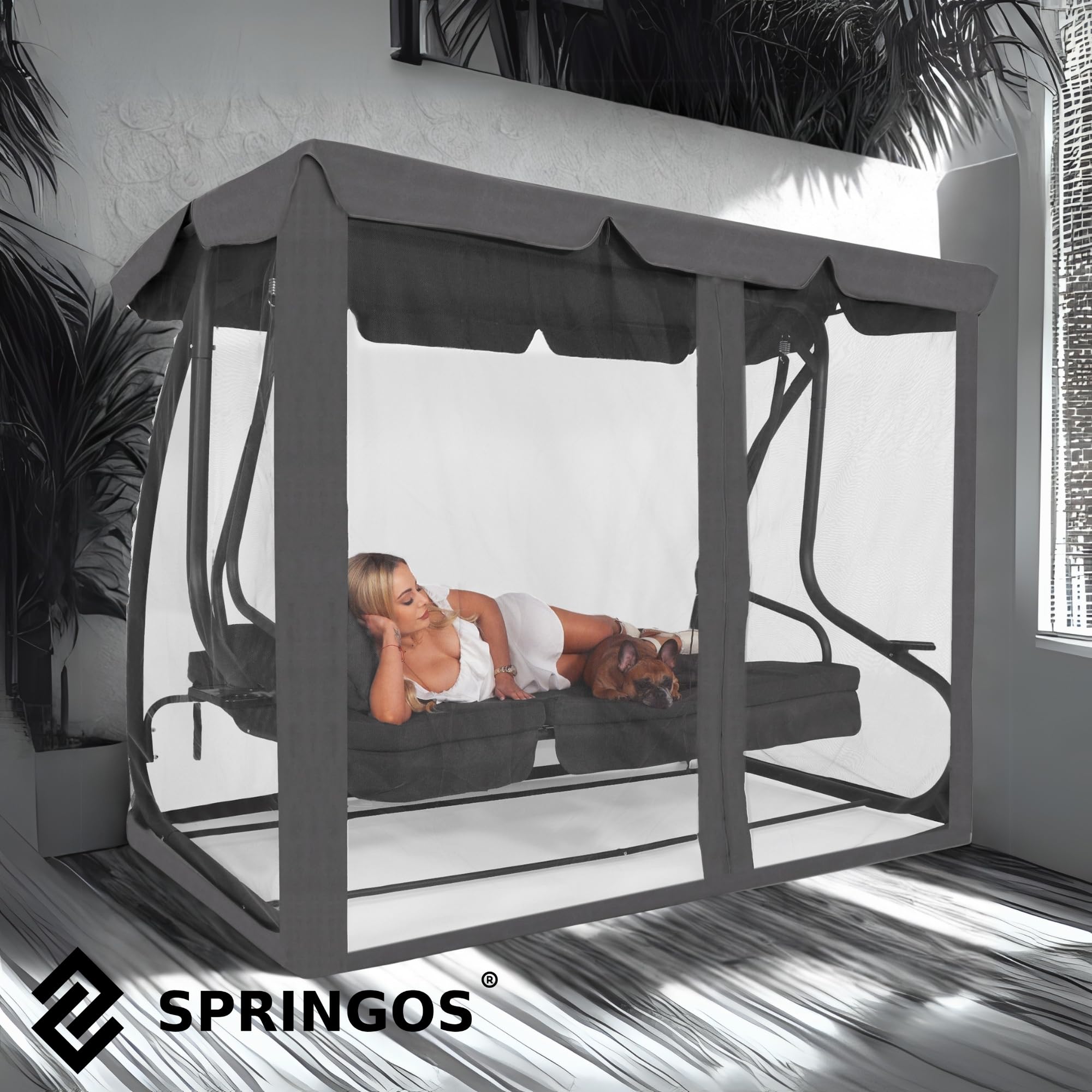 SPRINGOS Zanzariera per altalena da giardino, rete di protezione con cerniera, altezza 165 cm, circonferenza 680 cm, copertura universale per altalena Hollywood, poliestere, grigio scuro