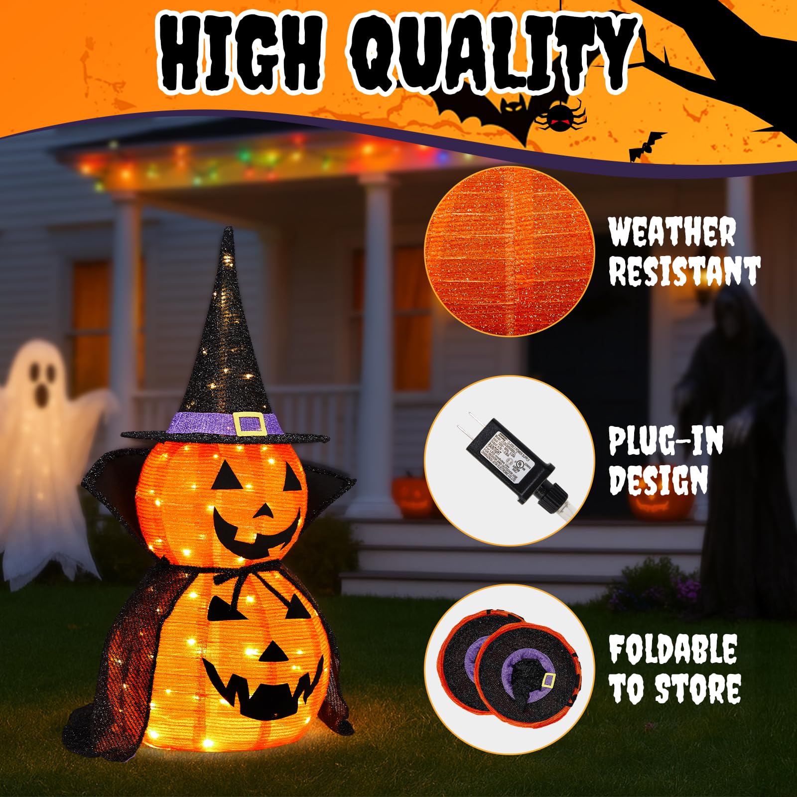 2 zucche Decorative Luminose Pieghevoli da 90 cm per Halloween