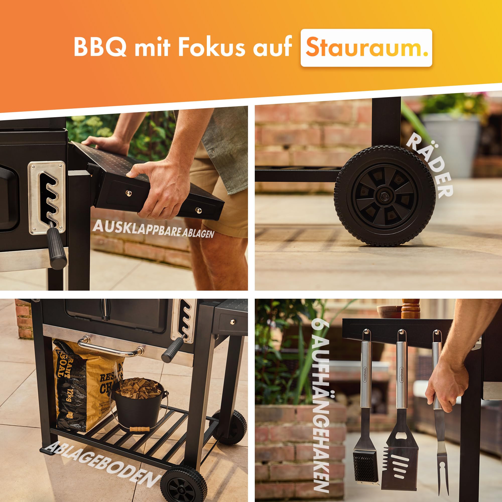 VonHaus Holzkohlegrill XL, Amerikanisher Barbecue 2-in-1 Grill und Smoker mit Warmhalterost, Klappablagen, Temperaturanzeige, Grillrost, Luftventilen, Tragbar, Für Fleisch, Fisch und Gemüse