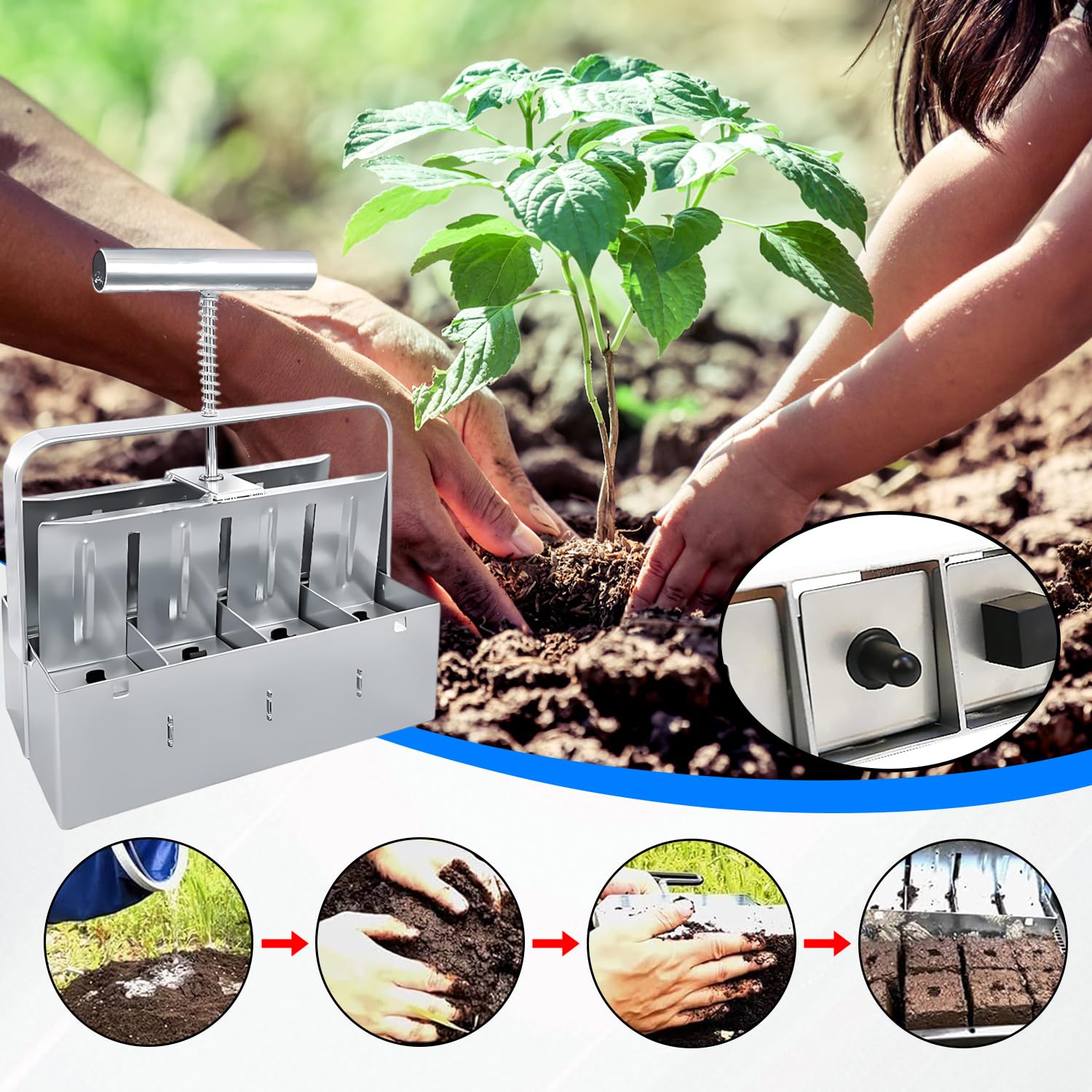 8-Cell Manual Presse Motte pour semis, Blocs de Terre manuels 5x5cm, avec germoir et Gants pour Le repiquage des graines en Serre