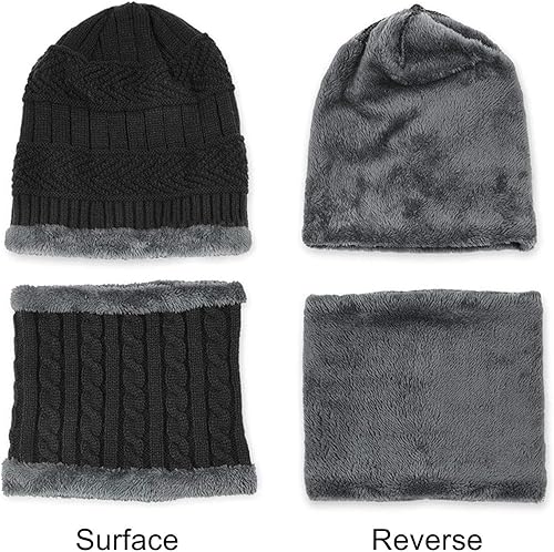 Miniatura 4 de Conjunto de gorro de punto de invierno, calentador de cuello, guantes, con forro de lana, gorro de calavera, bufandas infinitas, manoplas táctiles