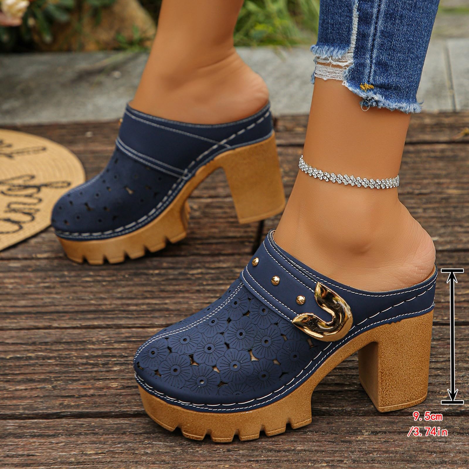 Zoccoli donna con tacco alto sabot con zeppa platform punta chiusa fibbia decorativa design con fori scarpe eleganti per feste e lavoro