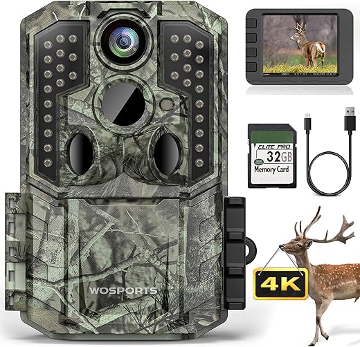 WOSPORTS Trail Camera,48MP 4K 0.2S Trigger Motion Activated,Game Hunting Camera with Night Vision IP66 Waterproof 2.0''LCD 120°Wide Cam Lens for Outdoor Scouting Wildlife Monitoring Home Security