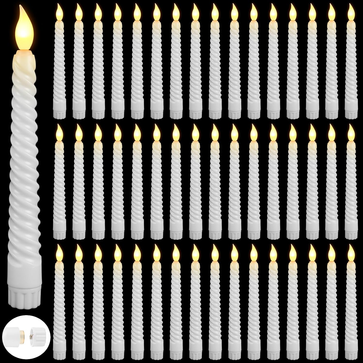 50 Pcs White Flameless Twisted Taper Candles Battery Operated Bulk Spiral LED Taper Candles LED Candlesticks Electric for Wedding Birthday Advent Halloween Christmas