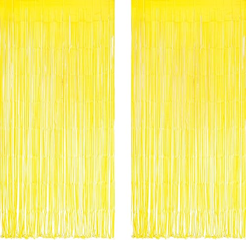 GREATRIL - Fondo de fiesta con serpentinas amarillas, cortina de flecos de papel aluminio para cumpleaños con temática de piña, limón, camión o