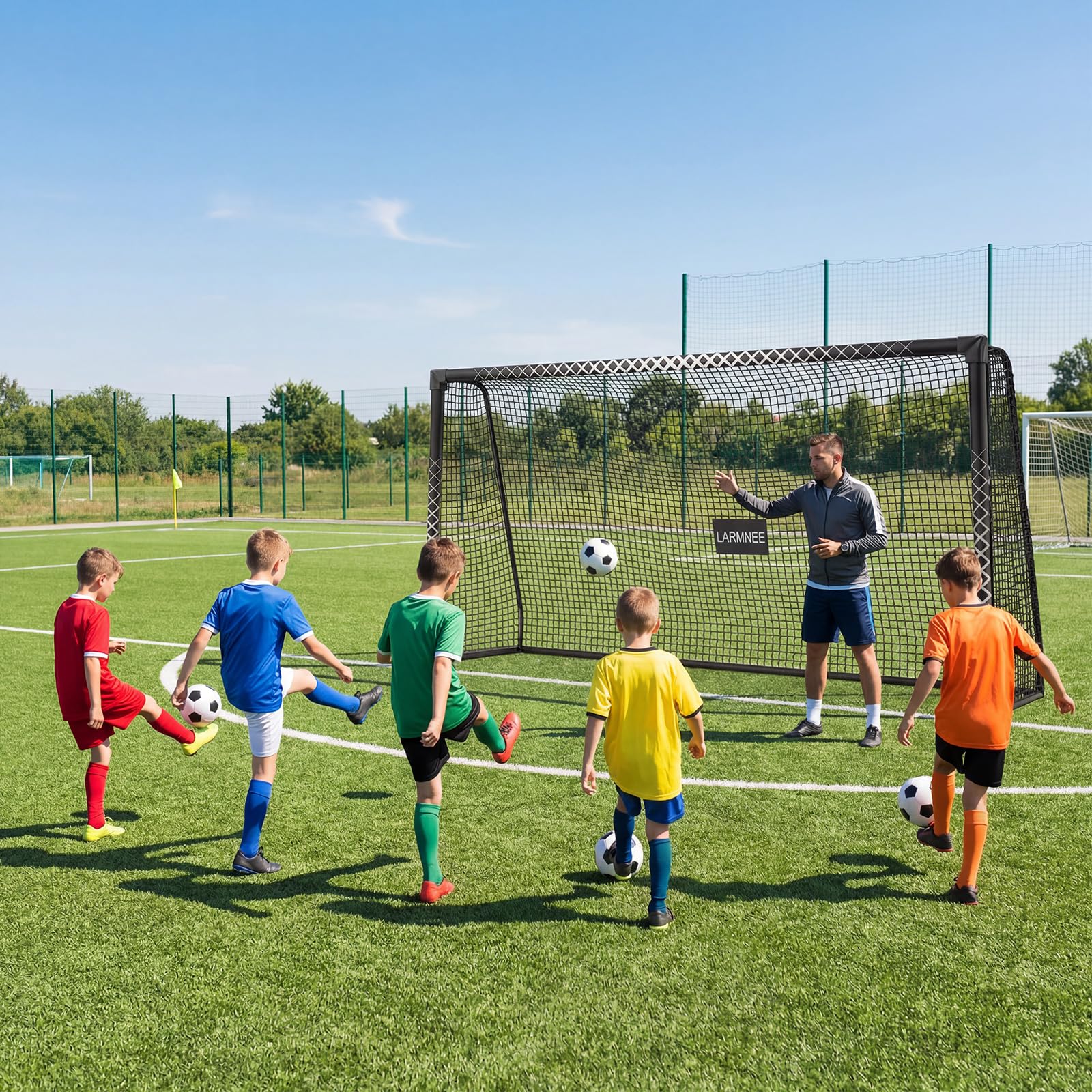 LARMNEE Großes Fussballtor, PE-Knotennetz, inklusive U-Heringen, Schaumstoffbezug, für Outdoor, Garten, Spielfeld