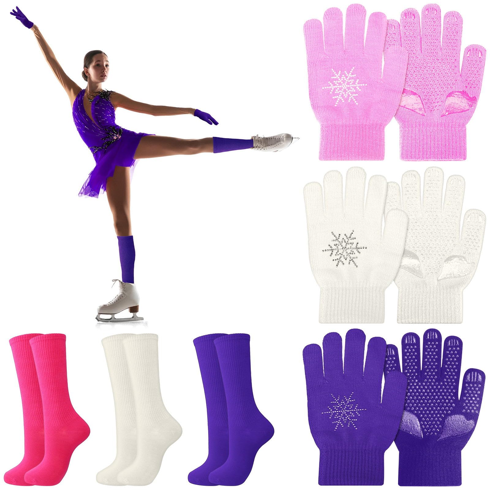 Hicarer 6 Pairs Figure Skating Gloves Socks Set Ice Skating Socks Warm Winter Anti Slip Gloves for Practice Competition