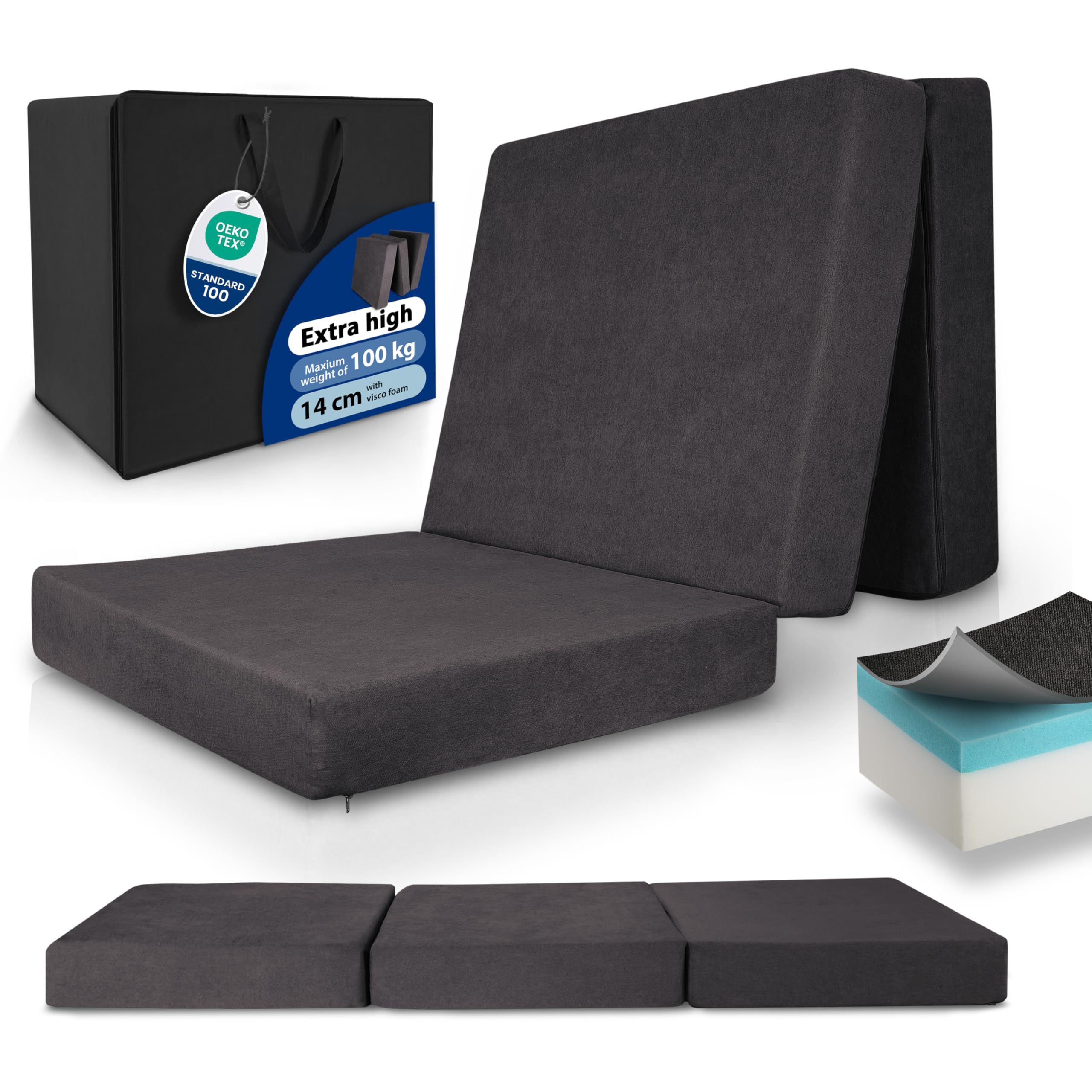 Beautissu Premium L Folding Mattress Single 80x200 cm incl. Bag - Extra Thick 14 cm Visco Foam Hardness H3 - Washable Cover - Foldaway Guest Bed Futon Foldable Mattress Travel Anthracite