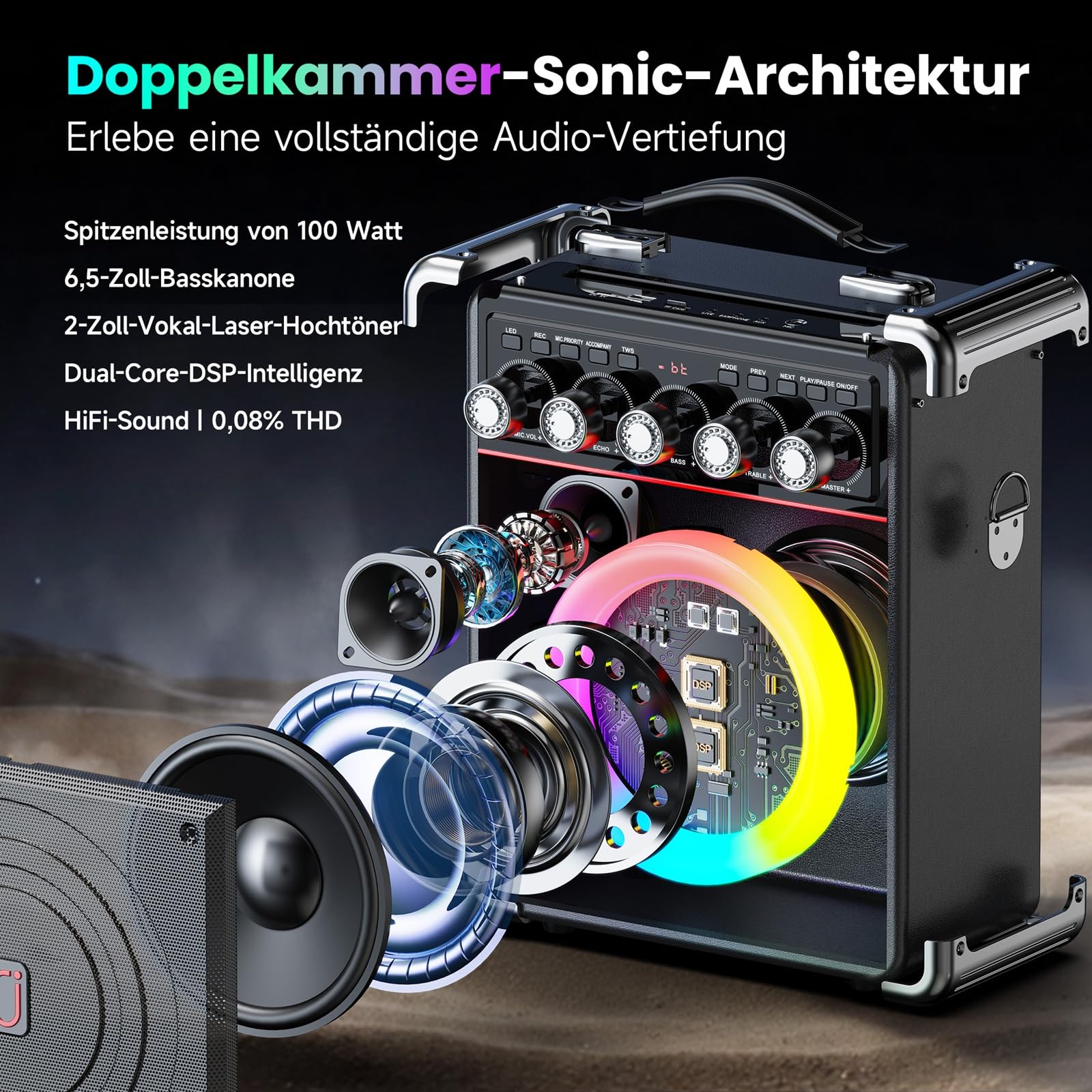 JYX Karaoke Maschine mit 2 kabellosen Mikrofonen, tragbare Karaoke Box Bluetooth 5.3 für Erwachsene & Kinder, 100W RMS PA Lautsprecher mit 6,5" Bass, LED-Licht, Echo/Bass/Höhen-Regler, TWS, USB/AUX/TF