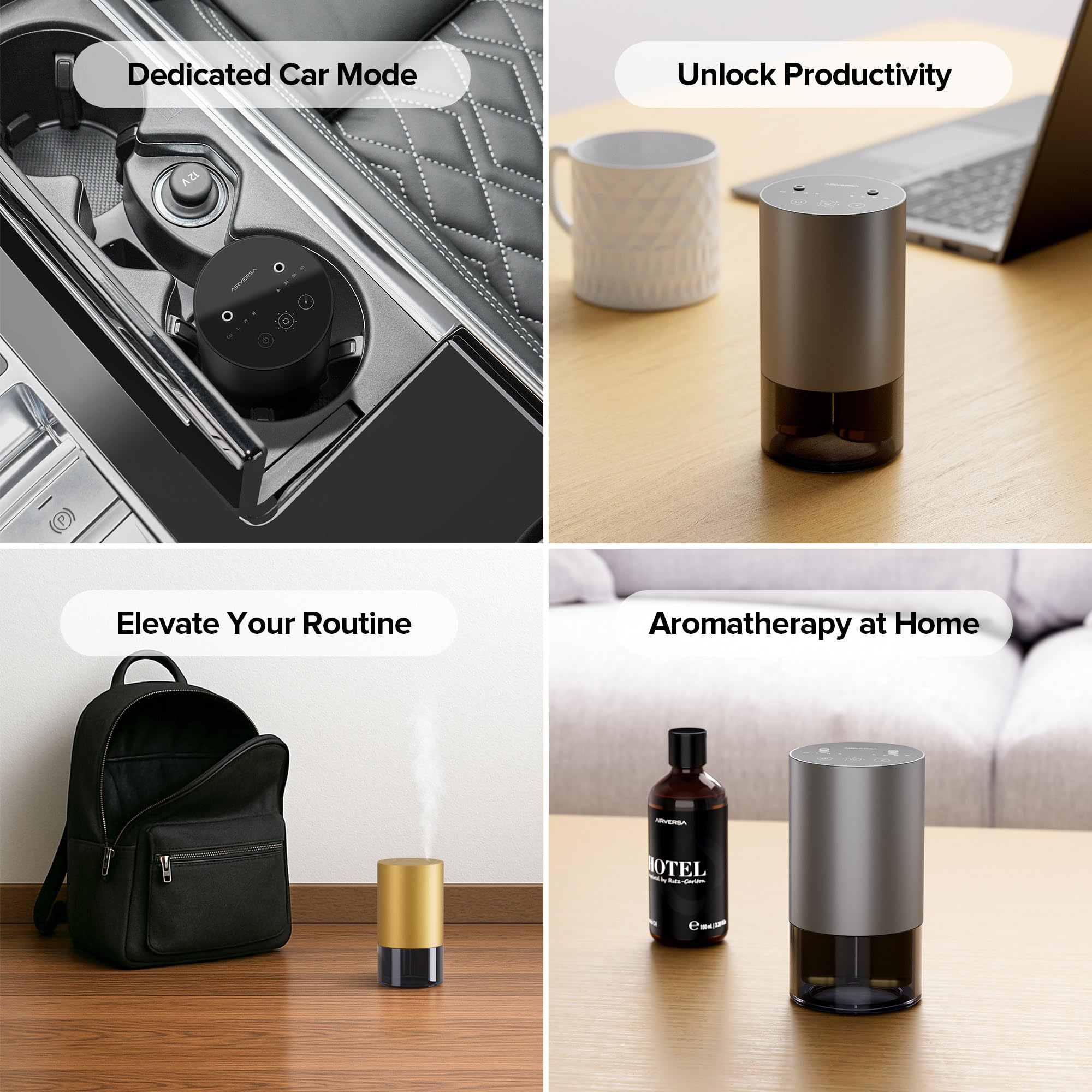 Airversa Diffuseur d'huiles essentielles sans eau à double buse pour la maison, diffuseur de parfum rechargeable avec 5 réglages de minuterie, 4 niveaux de brume avec mode véhicule pour voiture