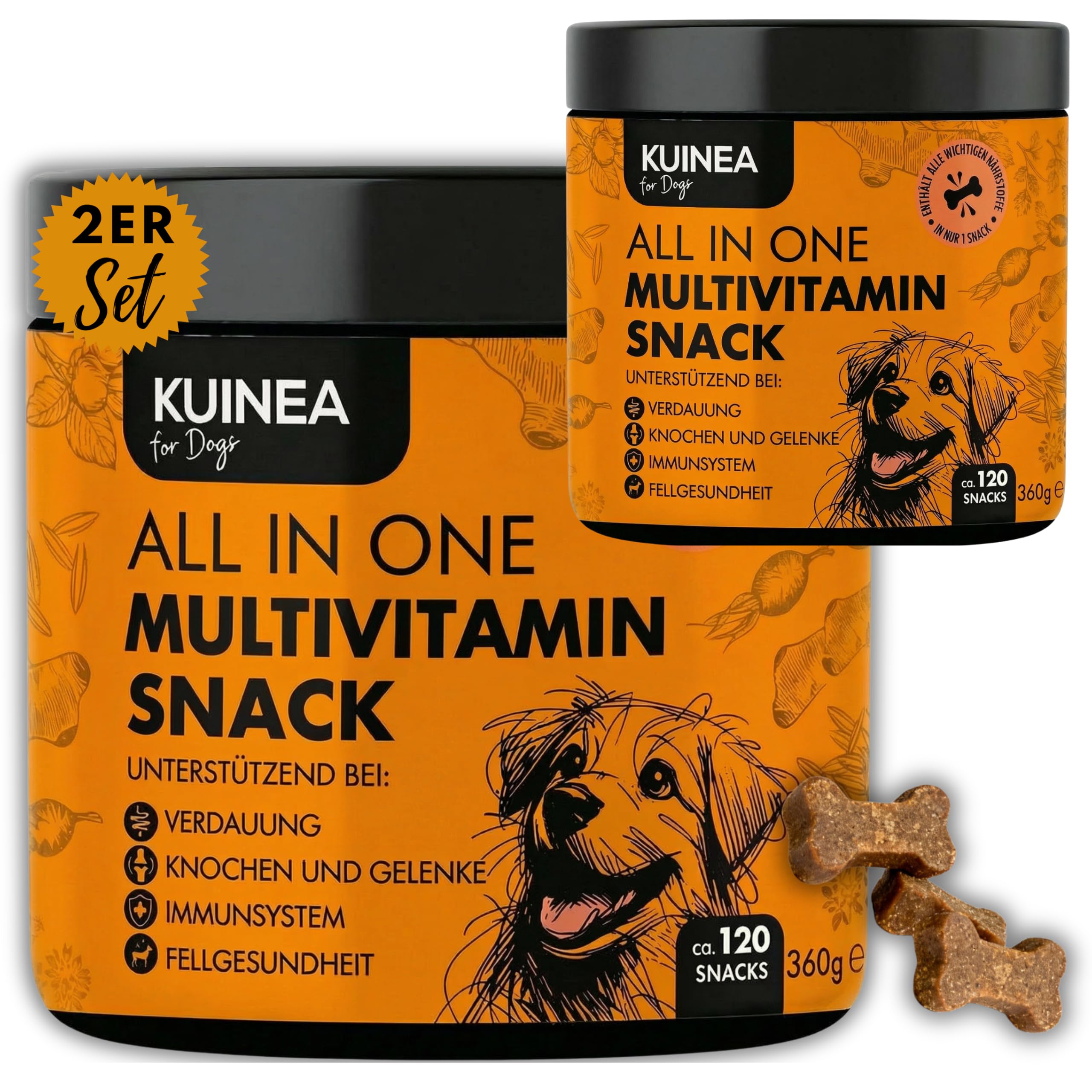 KUINEA® 2X Multivitamin Snack für Hunde – All in One Vitamine als Leckerli – 2X 120 Snacks (720g) – Ergänzungsfuttermittel mit Vitaminen & Mineralstoffen – ab 6 Monaten (2er Pack)