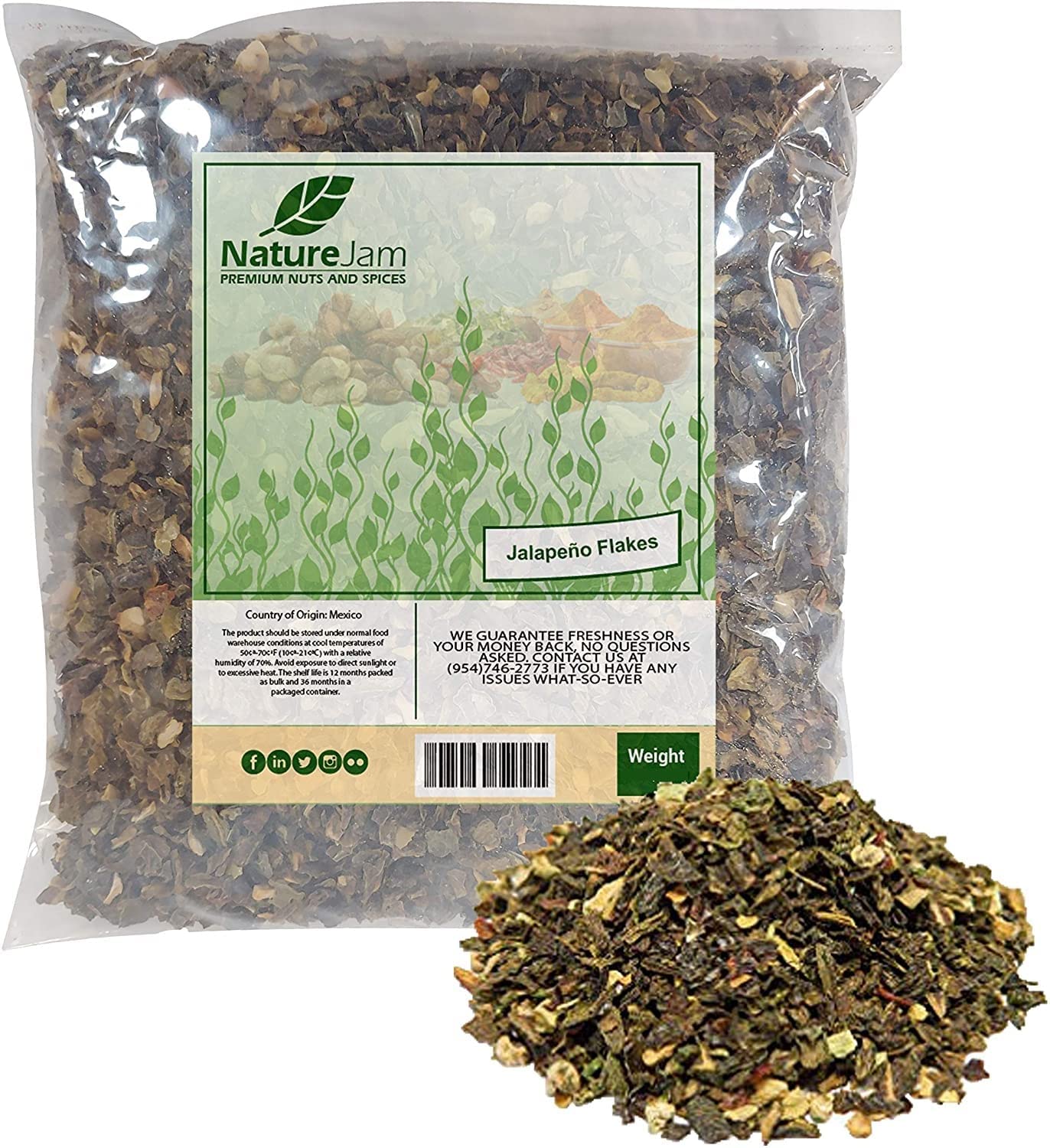 NaturejamDried Hot Jalapeno Pepper Flakes 2 Pounds - Washed, Diced & Dried