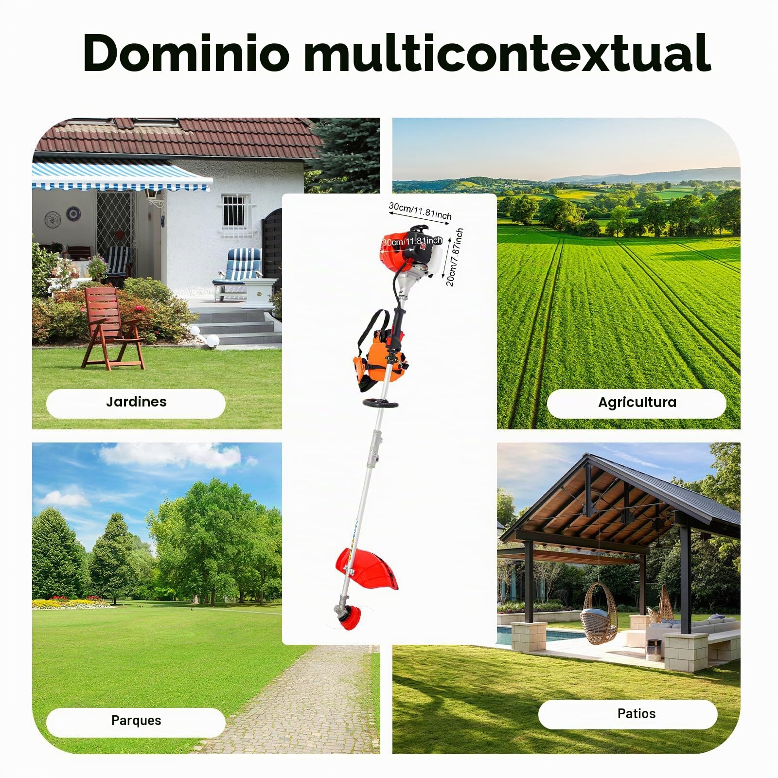 Herramienta multifunción de jardín de gasolina de 52 cc con desbrozadora, cortabordes, motosierra y cortasetos en uno, multiherramienta 4 en 1 para jardín, incluye 3× barras de extensión de 85 cm y
