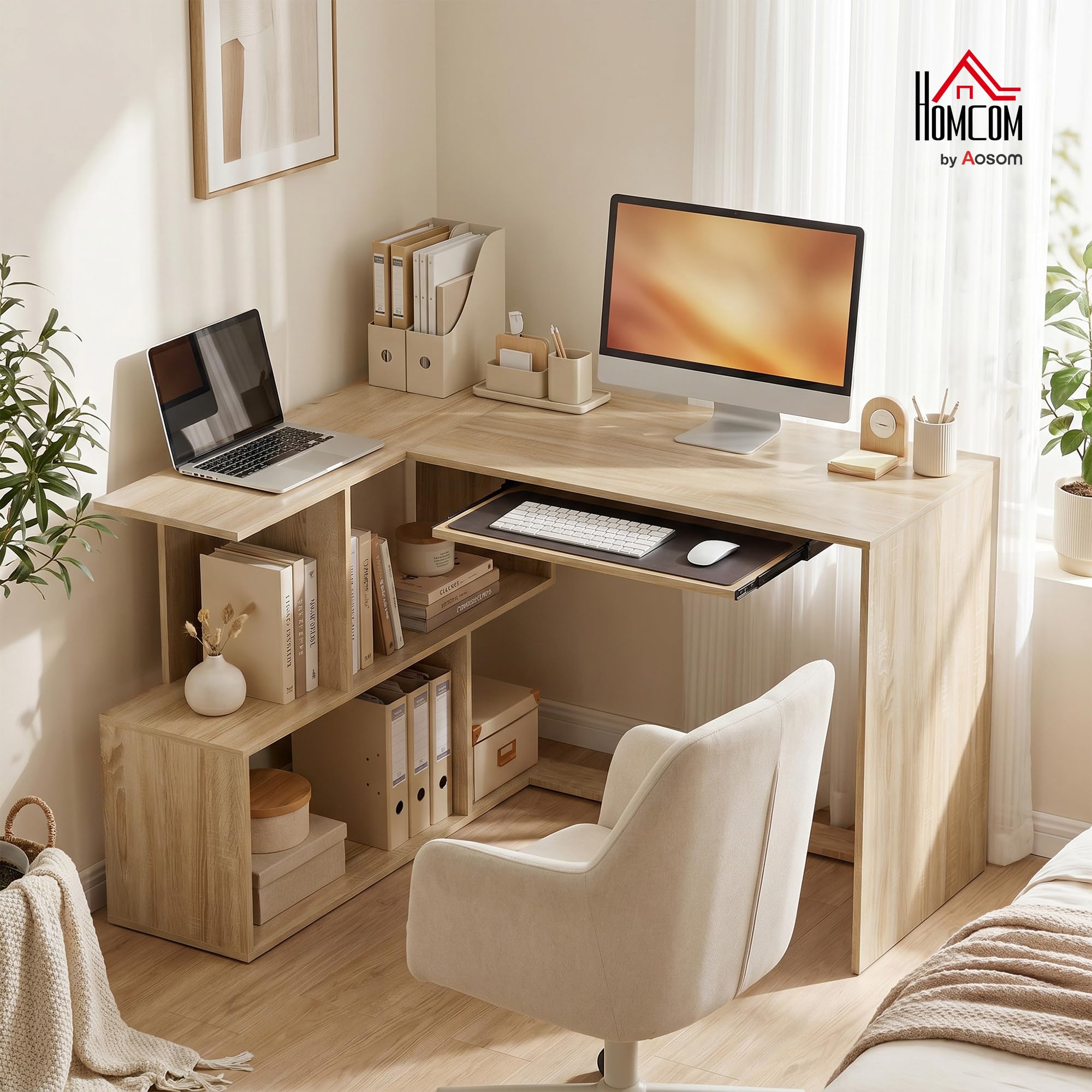HOMCOM Bureau d'angle avec Plateau pour Clavier en L 120 x 100 cm Naturel