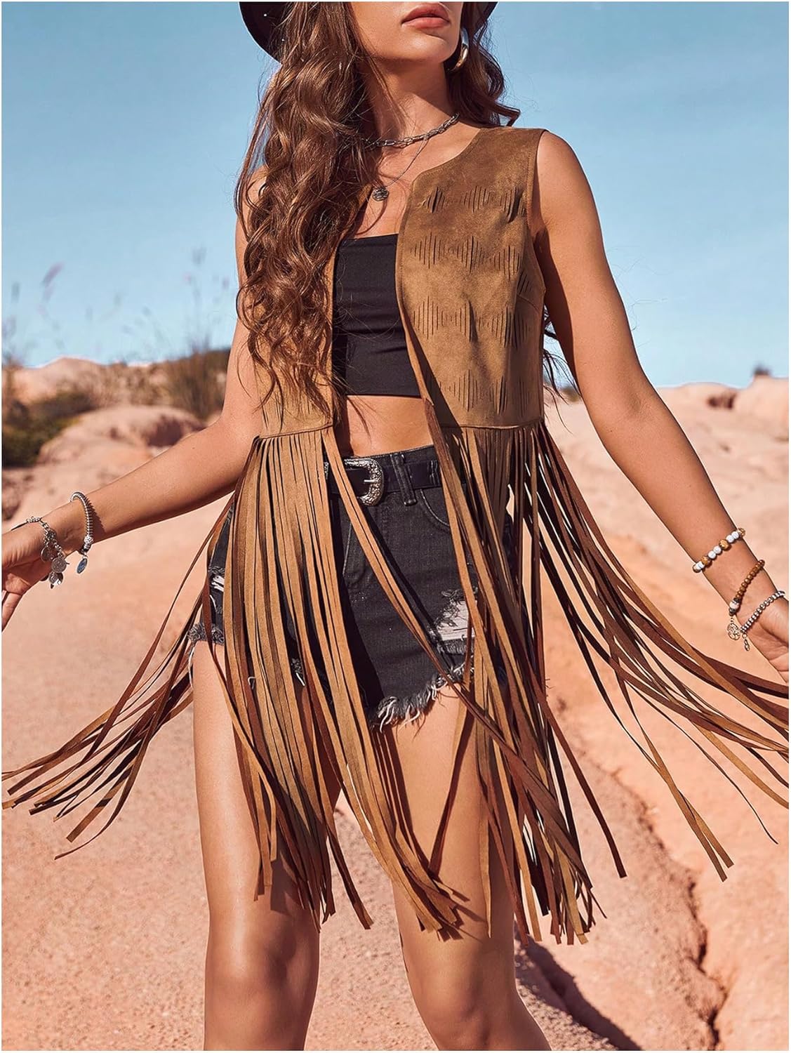 Women's Fringe Vest Sleeveless 70s Hippie Faux Suede Trim Western Cowgirl Tassel Jacket Cardigan - Image 5