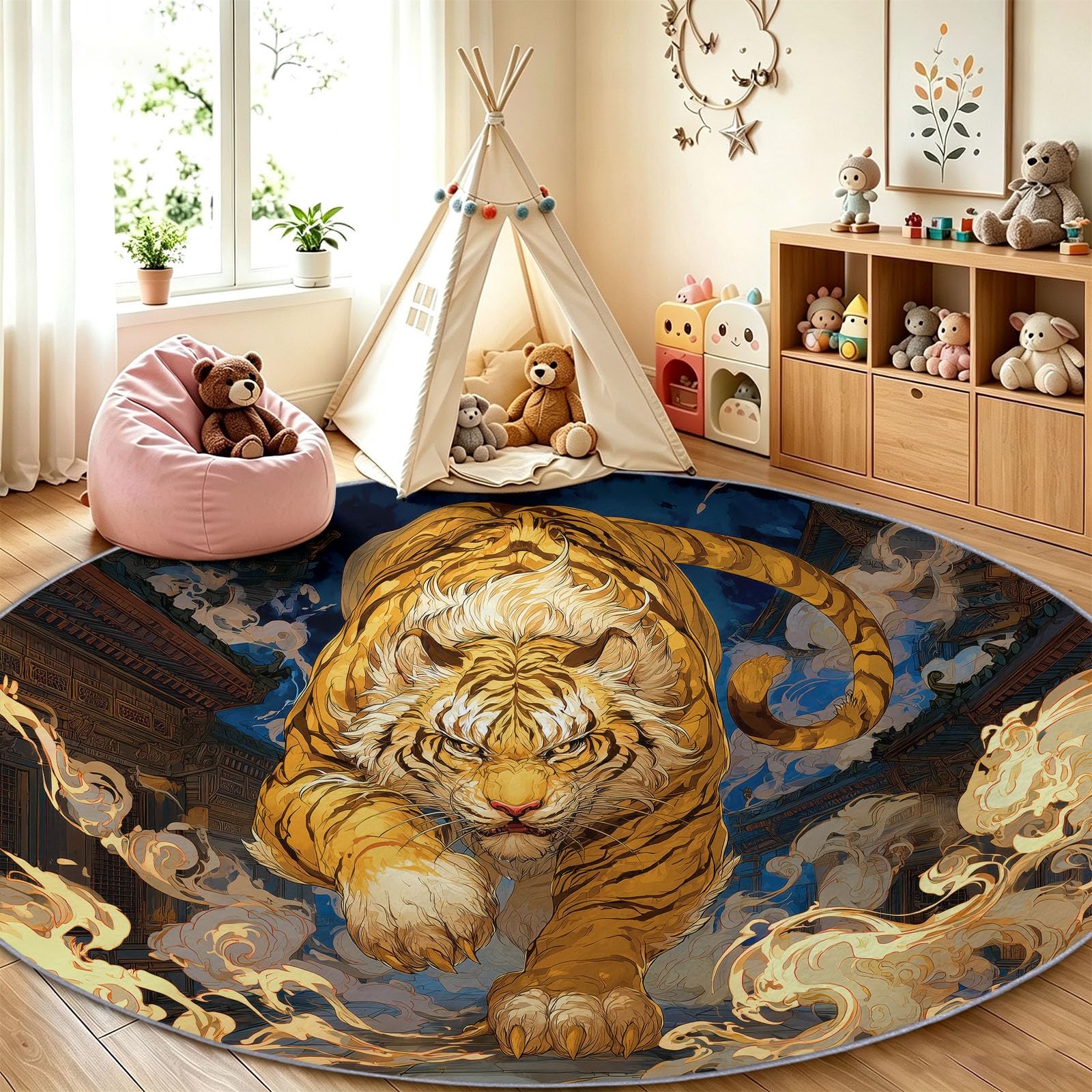 Tappeto rotondo lavabile antiscivolo, oro 100 cm, fantastico, morbido a pelo largo, lavabile in lavatrice, ideale per soggiorno, camera dei bambini, sala da pranzo o come discesa del letto
