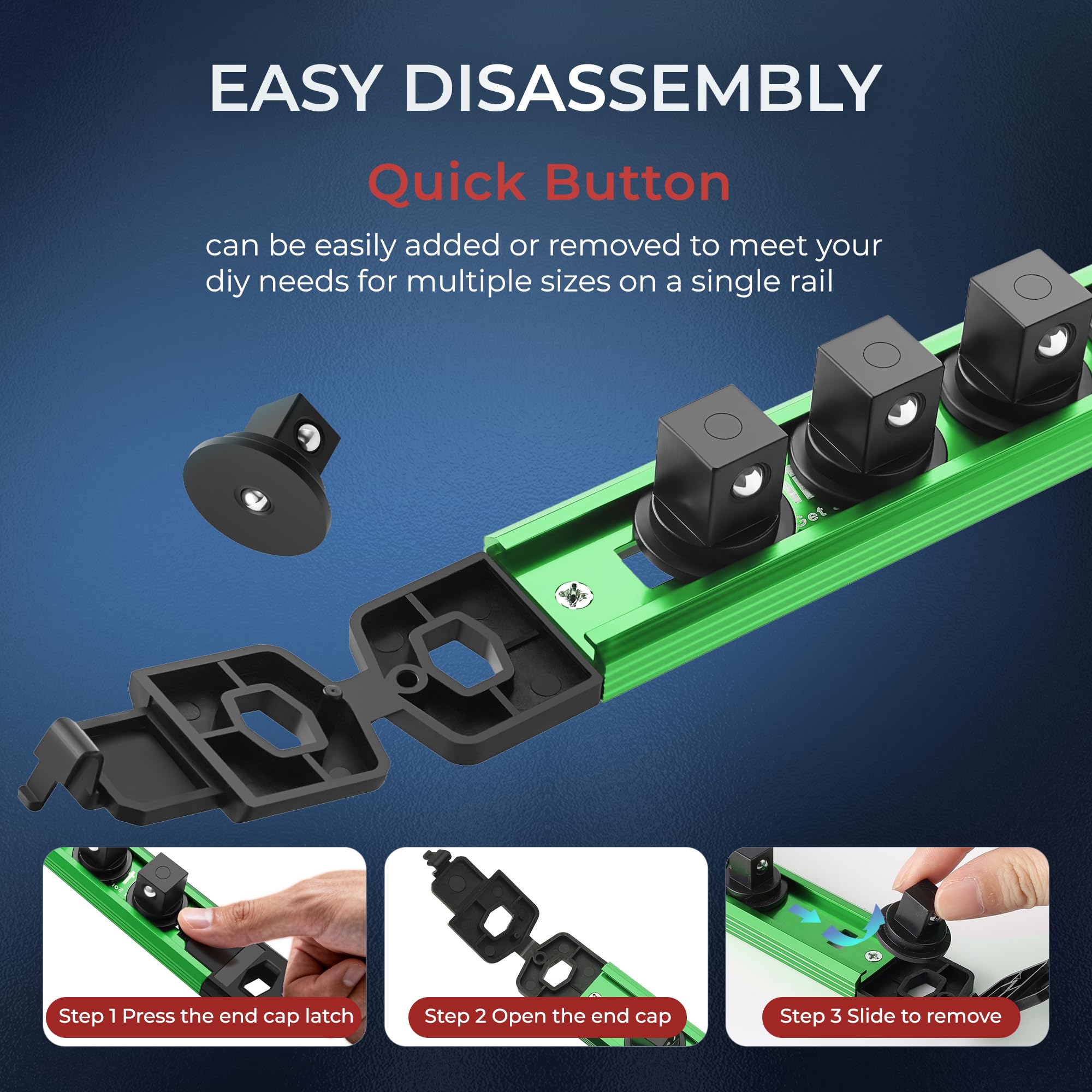 Reniteco Organizador magnético de 3 piezas, soporte de aluminio resistente, riel de enchufe para caja de herramientas, estante giratorio de 360° de alta calidad con 42 clips para 3/8 pulgadas (verde)