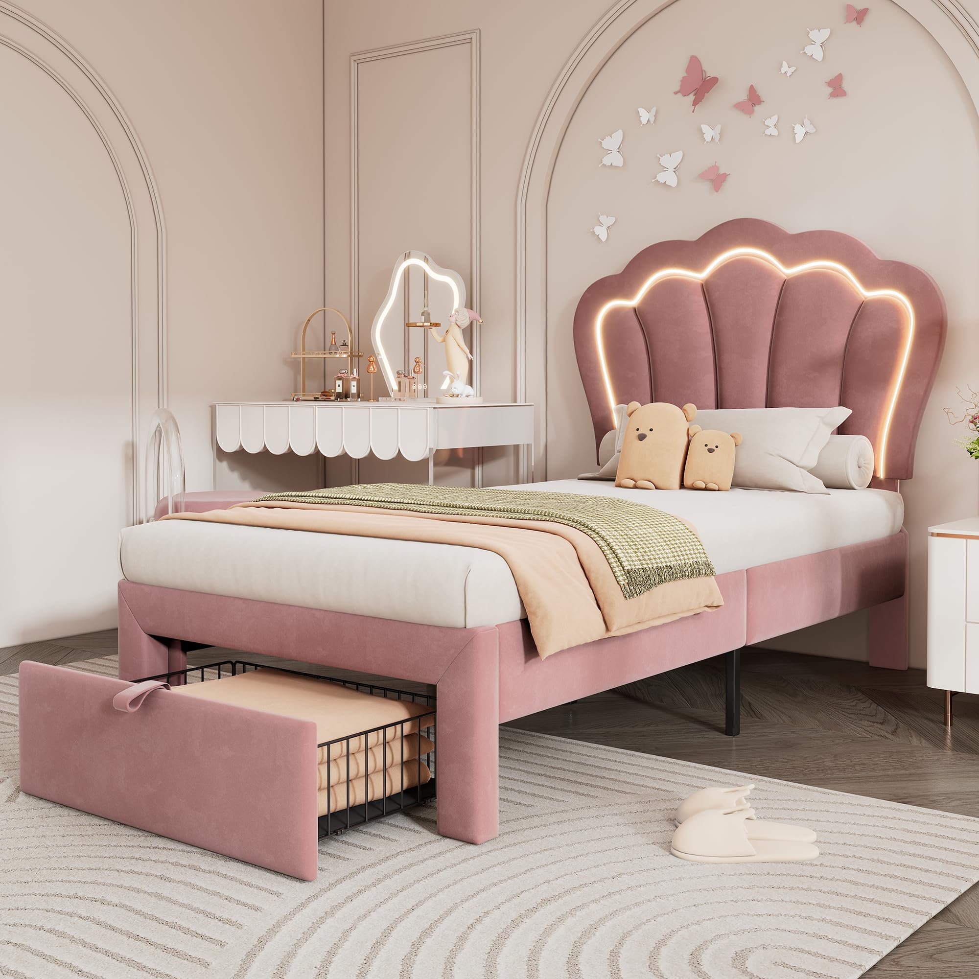 Lettino Imbottito Per Bambina 90x200 Cm – Testiera Floreale In Velluto Con Luci LED E Cassetto, Senza Materasso