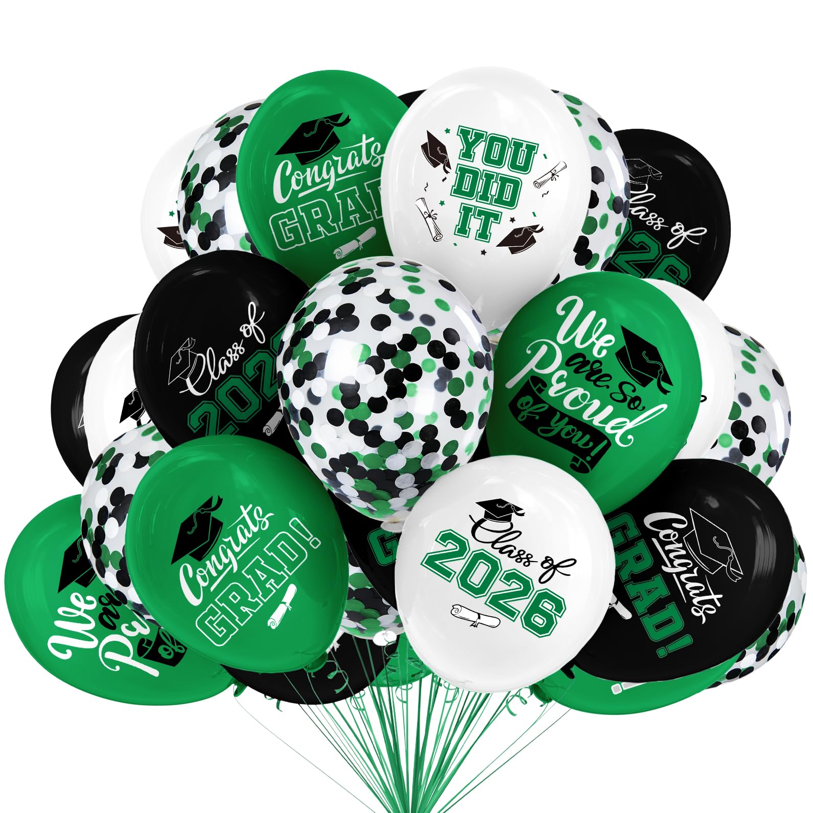 Photo 1 of 2026 Green & Black Graduation Decorations Set - 63Pcs Graduation Grad Latex Balloons with Ribbons, Congrats Grad Caps for College & High School Party Supplies