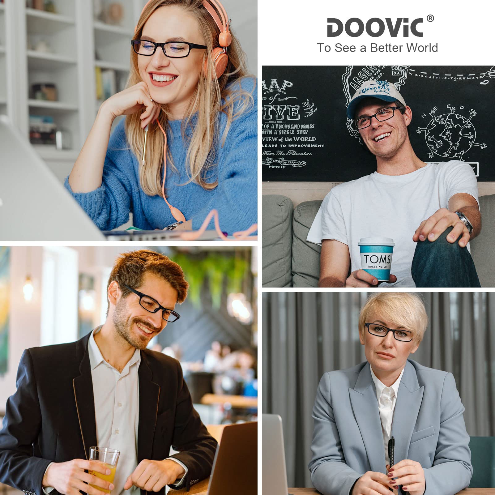 DOOViC Blue Light Blocking Reading Glasses 4 Pack Anti Eyestrain Stylish Classic Style Quality Computer Readers for Men Women 2.75 Strength