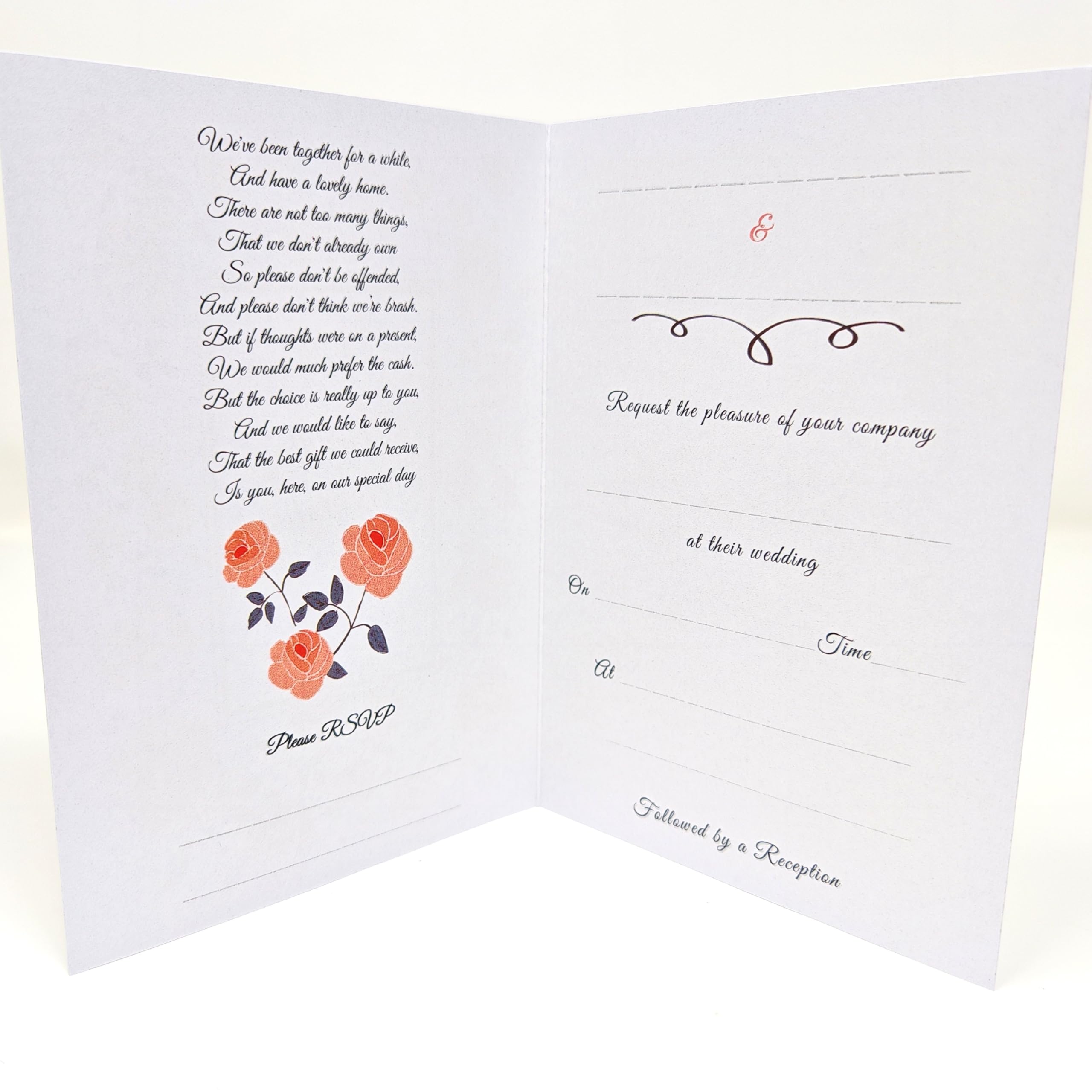 Pack of 10 Beautiful Handmade Sidefold Wedding Invitations with roses, multi colour - Image 3