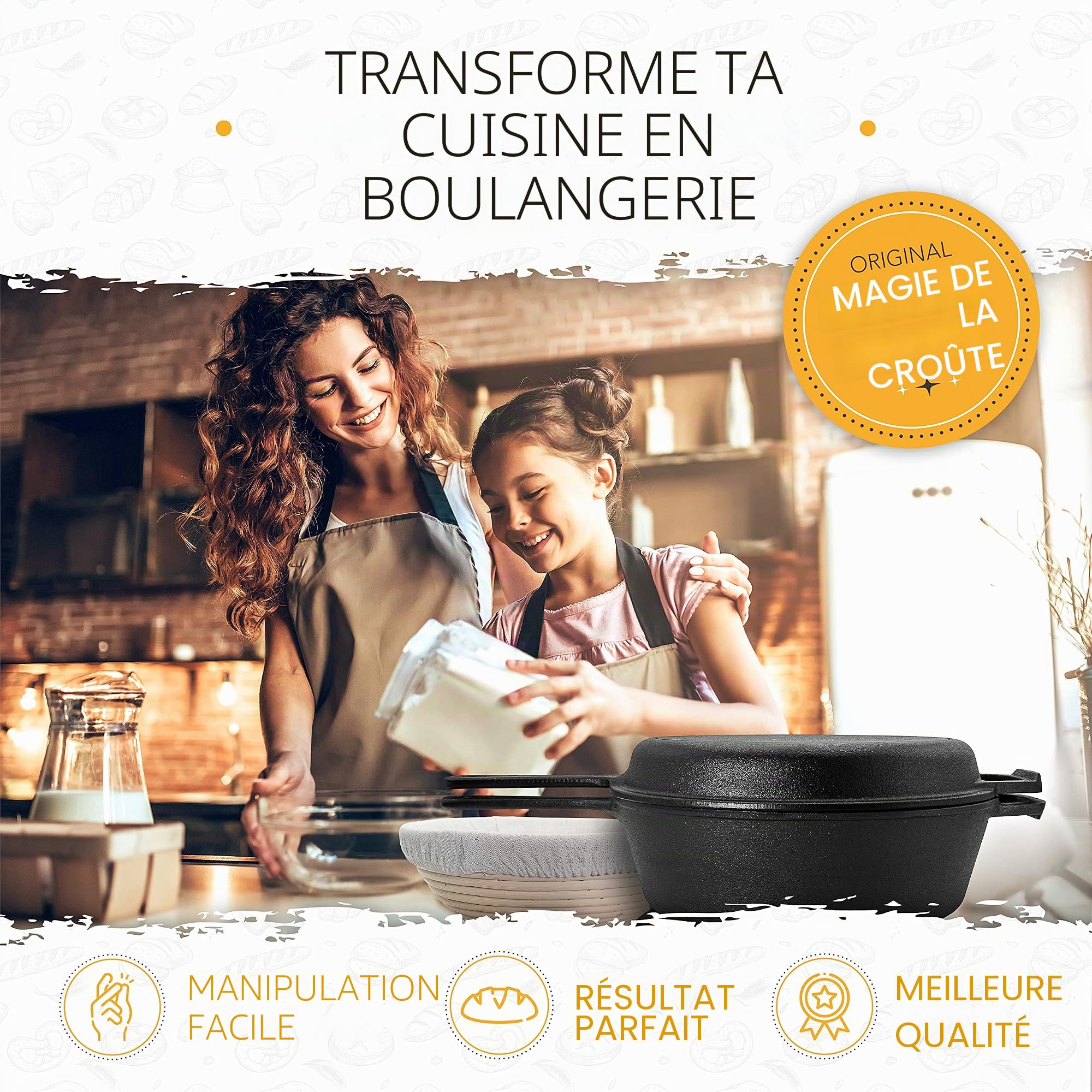 KRUSTENZAUBER Casserole à Pain en Fonte 26 cm avec Panier de Fermentation - Pot Robuste pour Cuisson - Moule Idéal avec Couvercle, Poêle et Accessoires