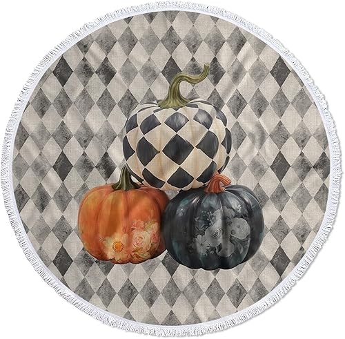 Queener Home Halloween Round Beach Towel Checkered Pumpkins Microfiber Beach Blanket Soft Towels Water Absorbed Bath Tapestry for Swimming