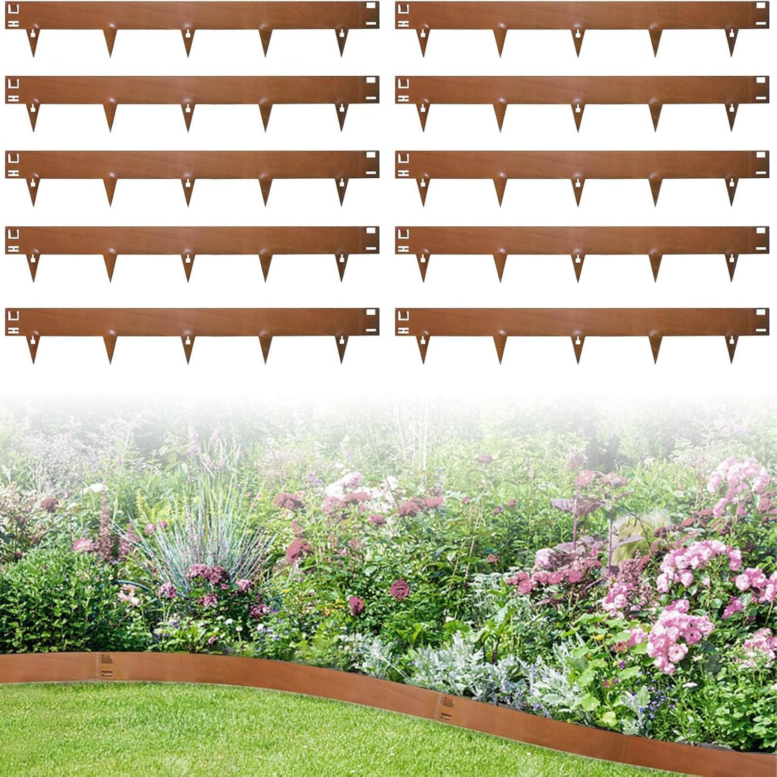 10 Pcs Lawn Edging, 3.5ft Garden Edging Border, Corten Steel Lawn Edging, Metal Grass Edging For Outdoor Grass, Bushes Shrubs Trees, Flexible Border Edging 16.5cm Face Height(107.5 * 16.5 * 3cm)