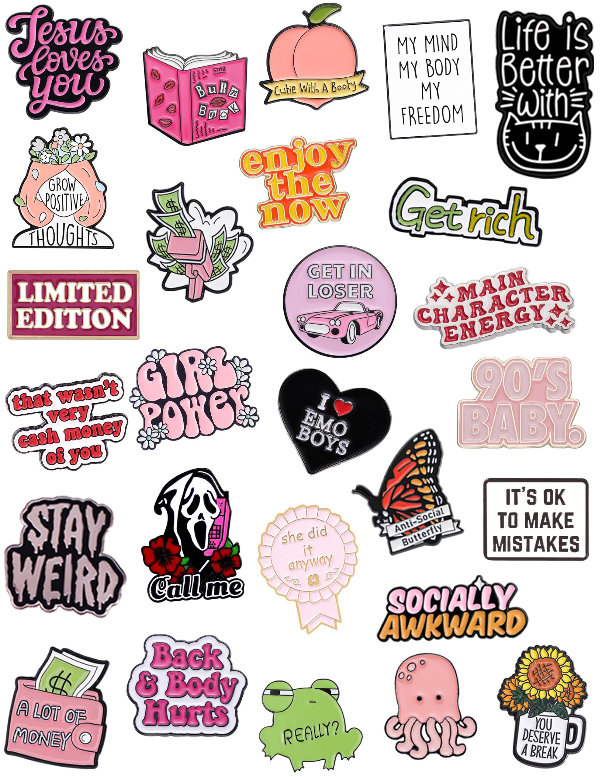 30 PCS Positive Enamel Pins Cute Enamel Pins Bulk Aesthetic Hat Pins for Backpacks, Funny Brooch Lapel Pin Set for Women Bags, Landyards, Shoes, Small, Metal Zinc Alloy Steel, no gemstone,