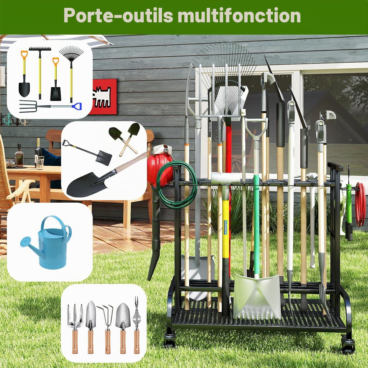 Étagère de rangement pour outils de jardin - En métal - Avec roulettes - Outil de nettoyage polyvalent - Pour garage et jardin